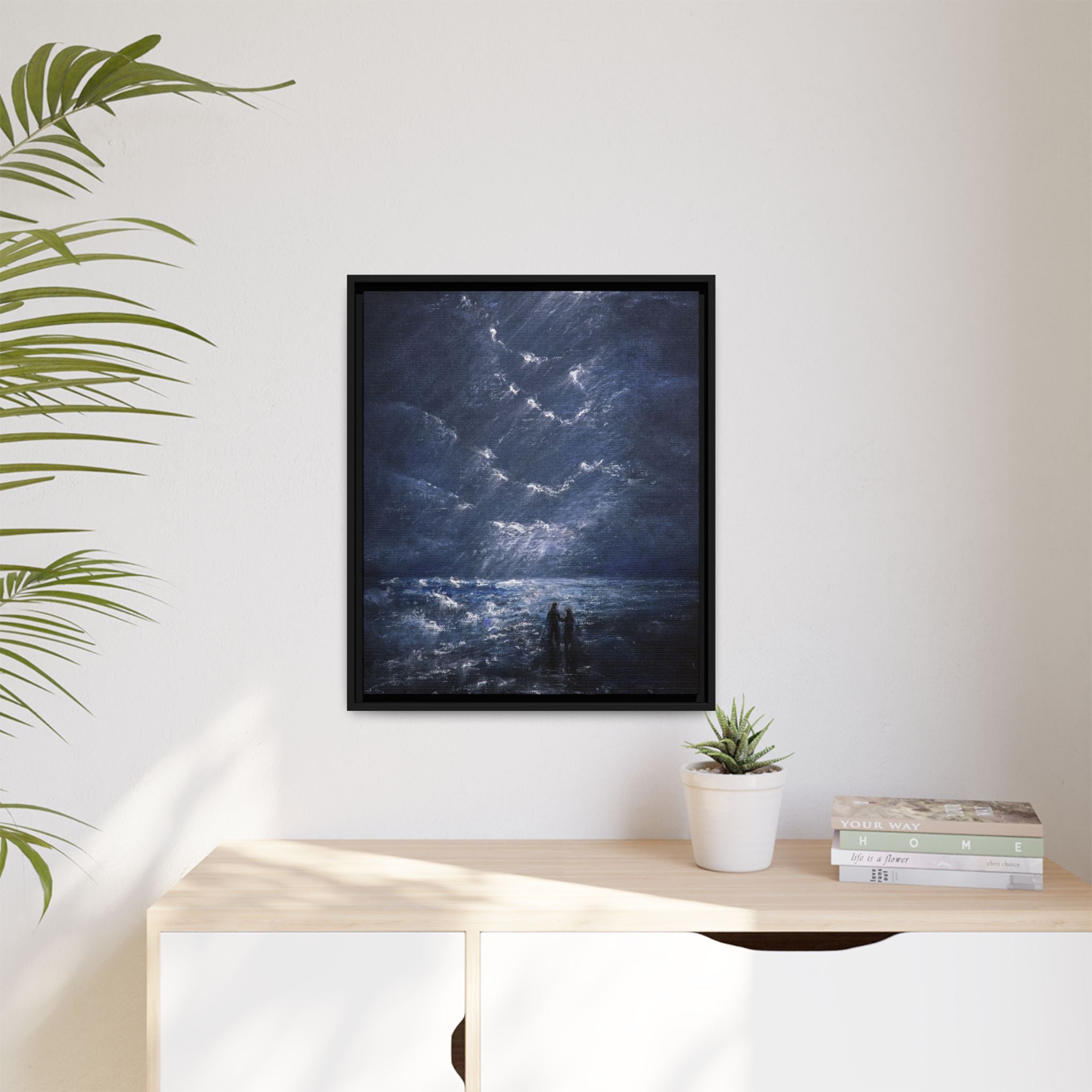 Couple on Shore at Night - Framed Canvas Art