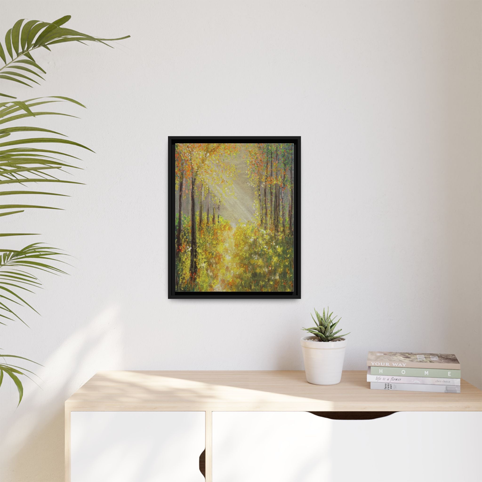 Sunlit Forest Path Framed Canvas Art — Autumn Woodland Wall Decor