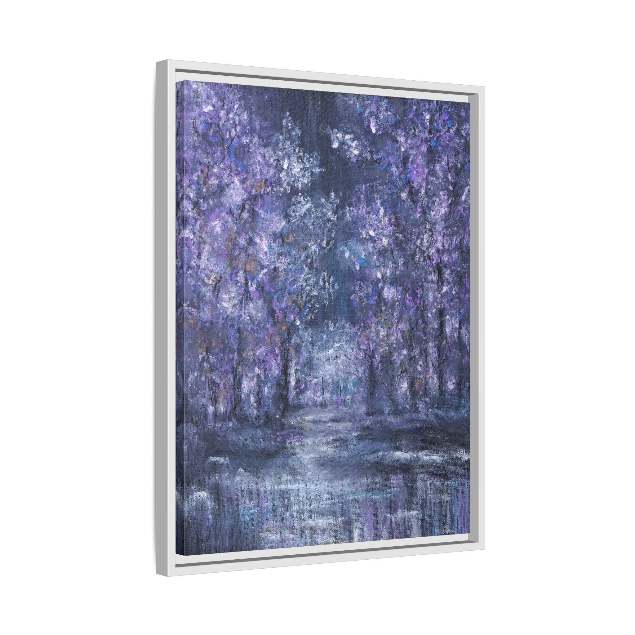 Framed Matte Canvas Art – Lavender Forest Moonlit Landscape
