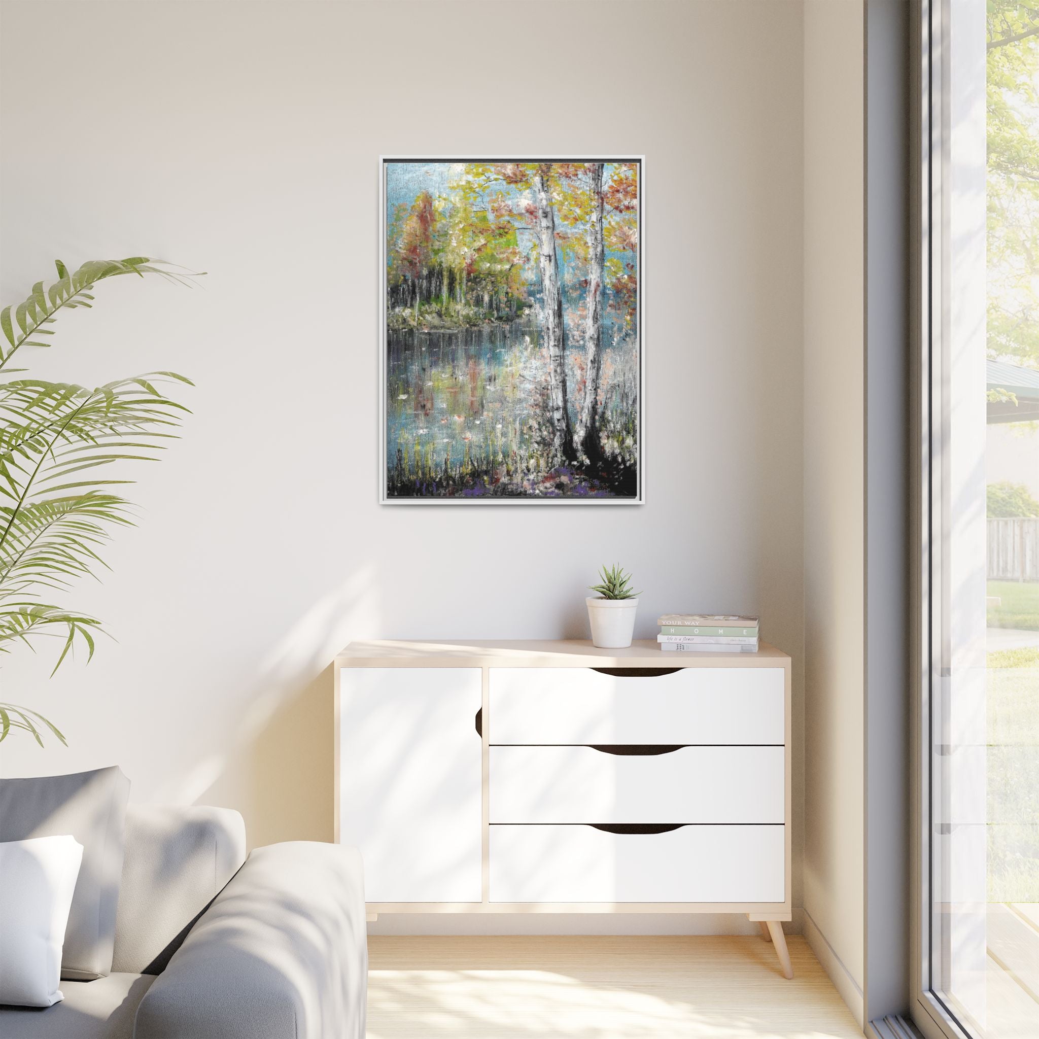Framed Matte Canvas-Trees by the Lake