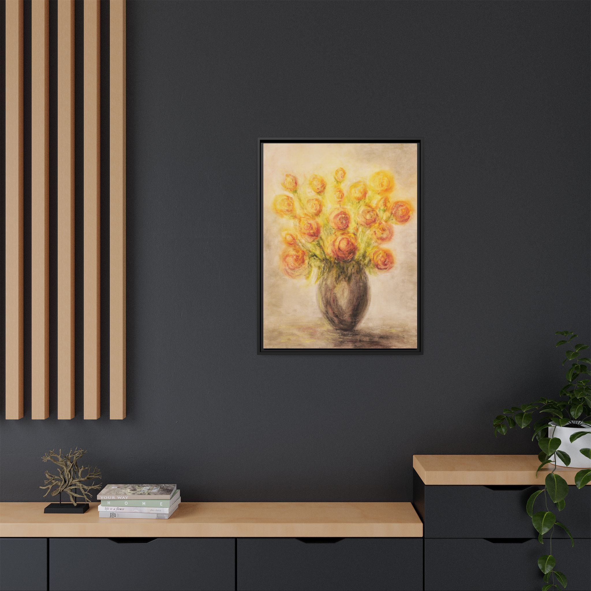 Framed Matte Canvas Floral Bouquet Wall Art — Yellow Rose Vase Print