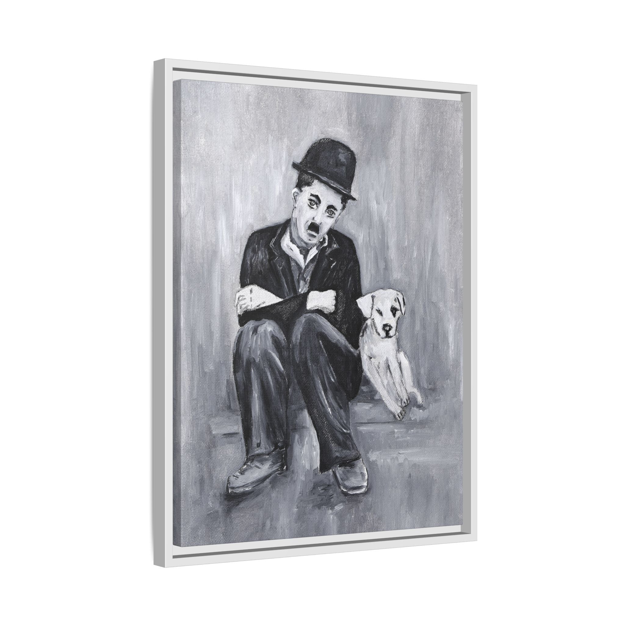 Charlie Chaplin & Dog Matte Framed Canvas Print — Vintage Black & White Wall Art