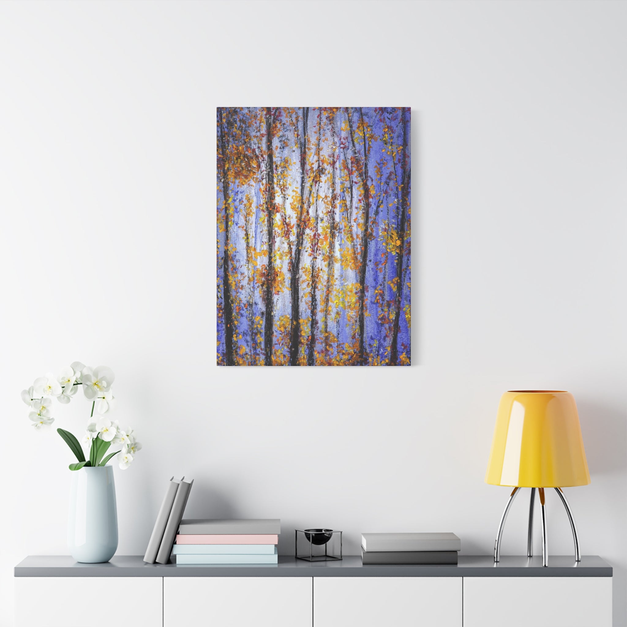 Autumn Aspens Matte Stretched Canvas – Purple & Gold Forest Wall Art (1.25")