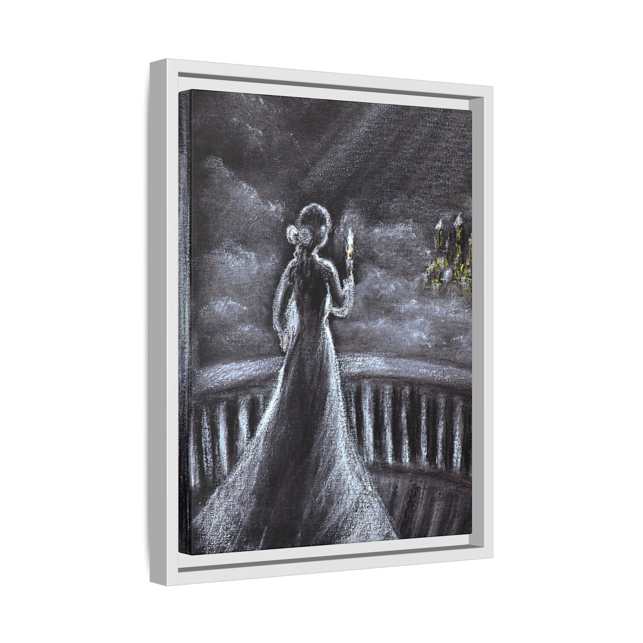 Framed Matte Canvas — Moonlit Lady on Balcony