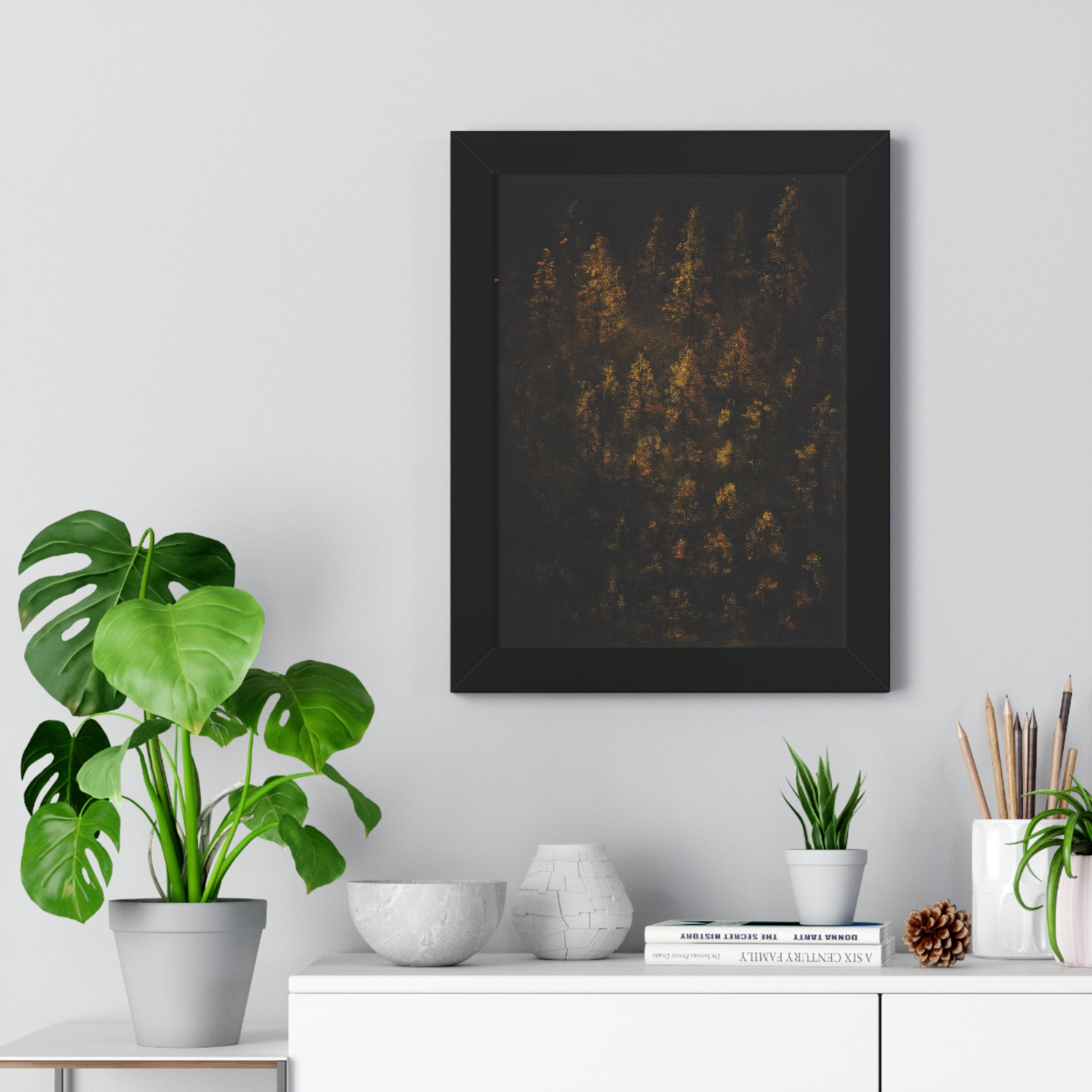 Framed Poster — Moody Golden Forest Wall Art (Vertical)