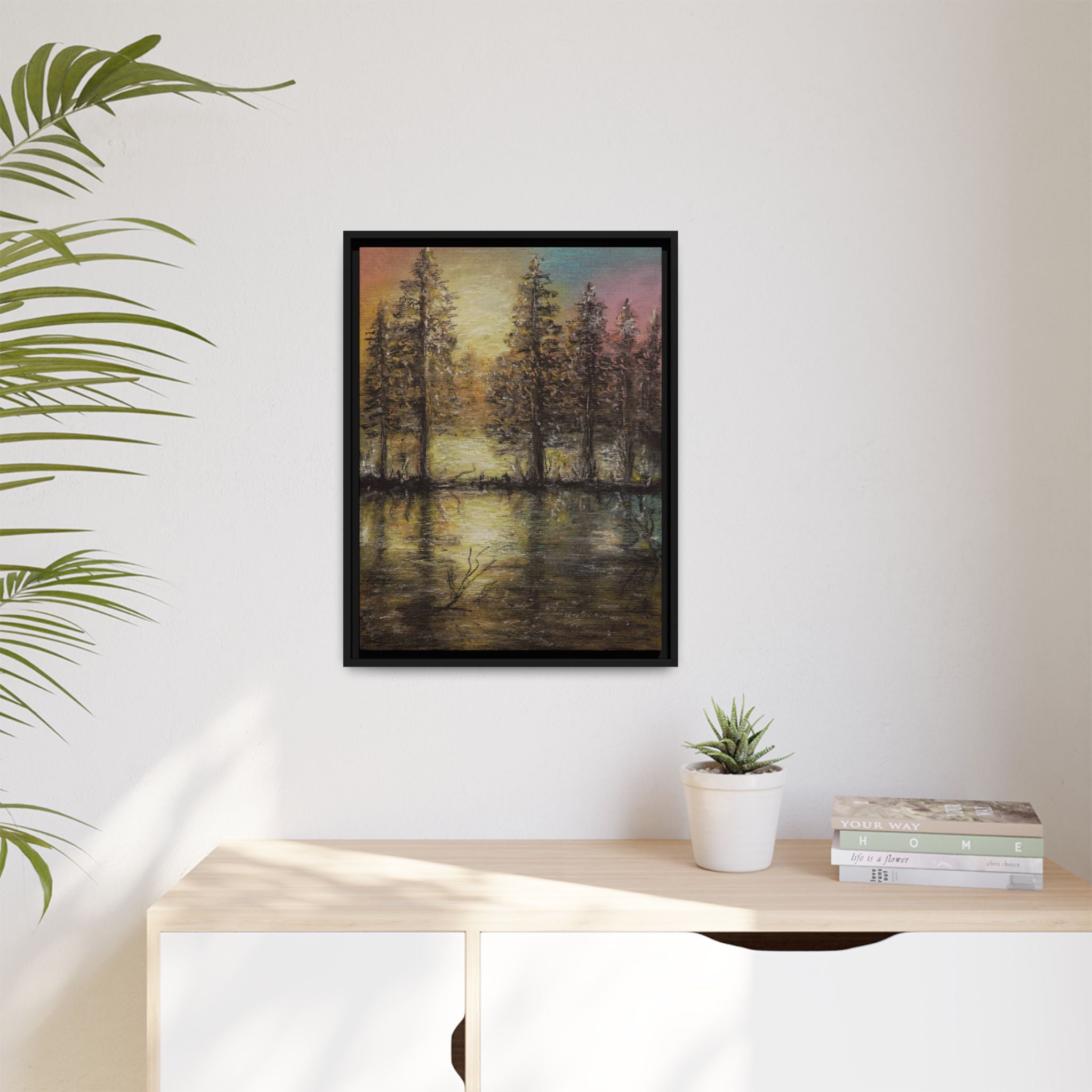 Framed Matte Canvas Wall Art — Sunset Forest Reflection