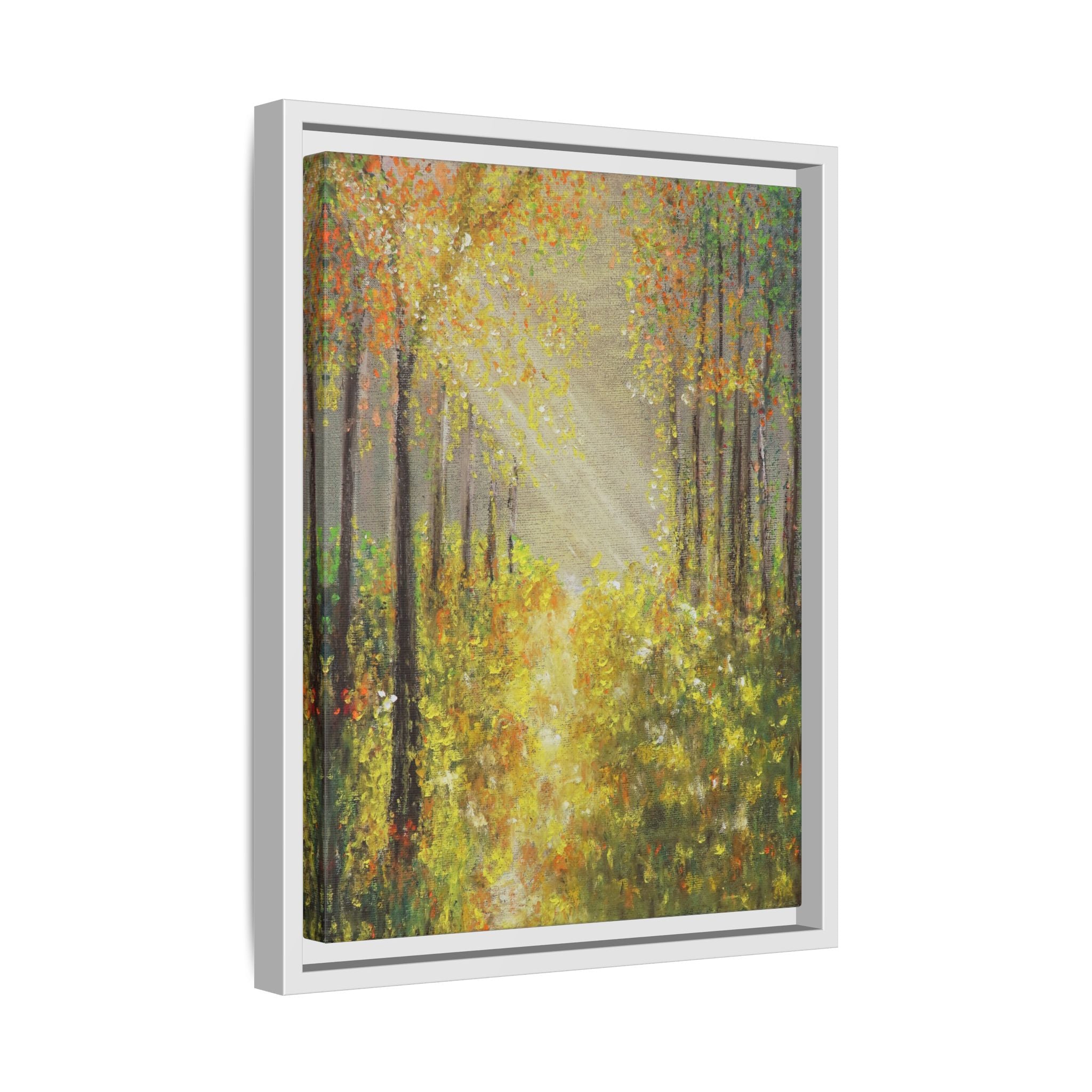 Sunlit Forest Path Framed Canvas Art — Autumn Woodland Wall Decor