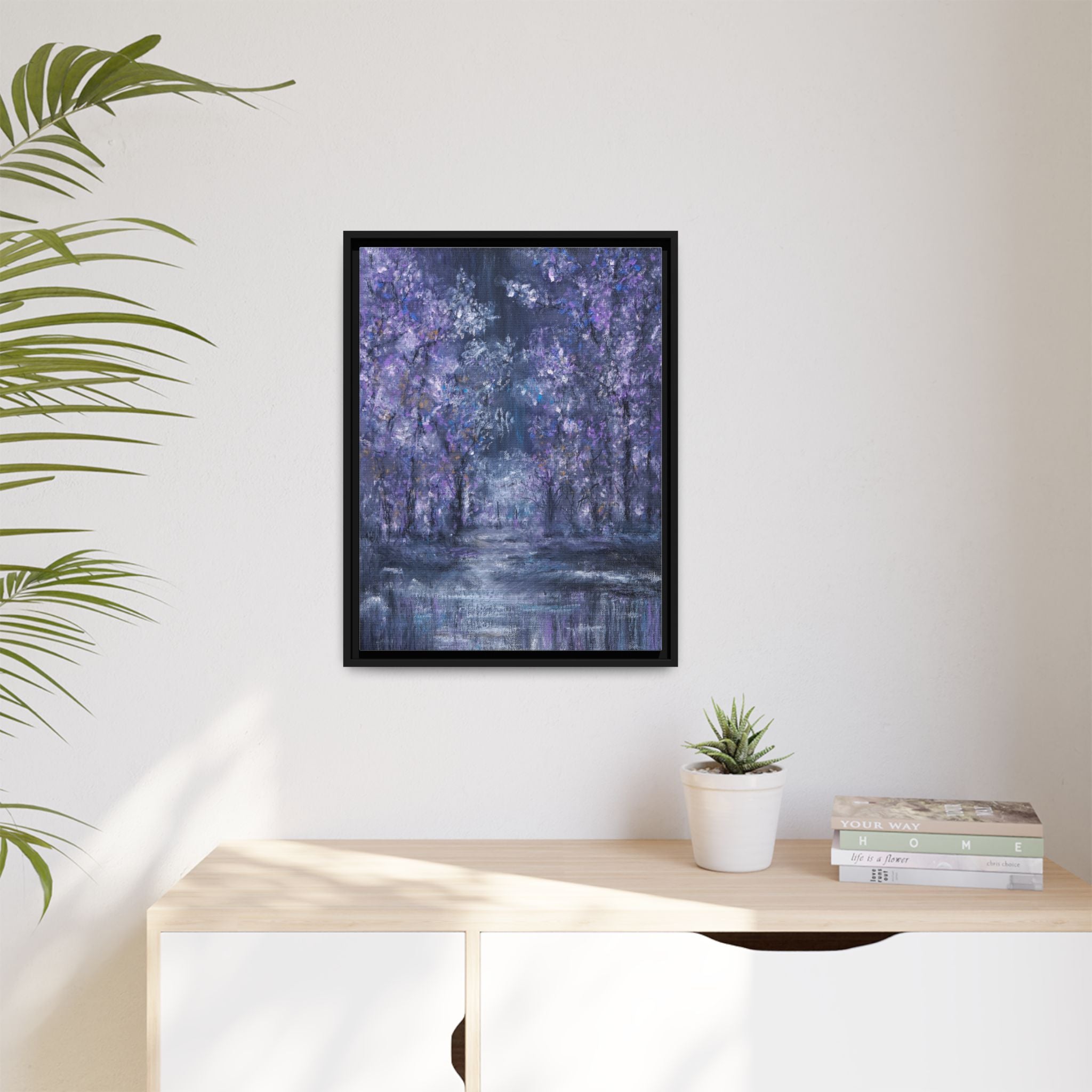 Framed Matte Canvas Art – Lavender Forest Moonlit Landscape