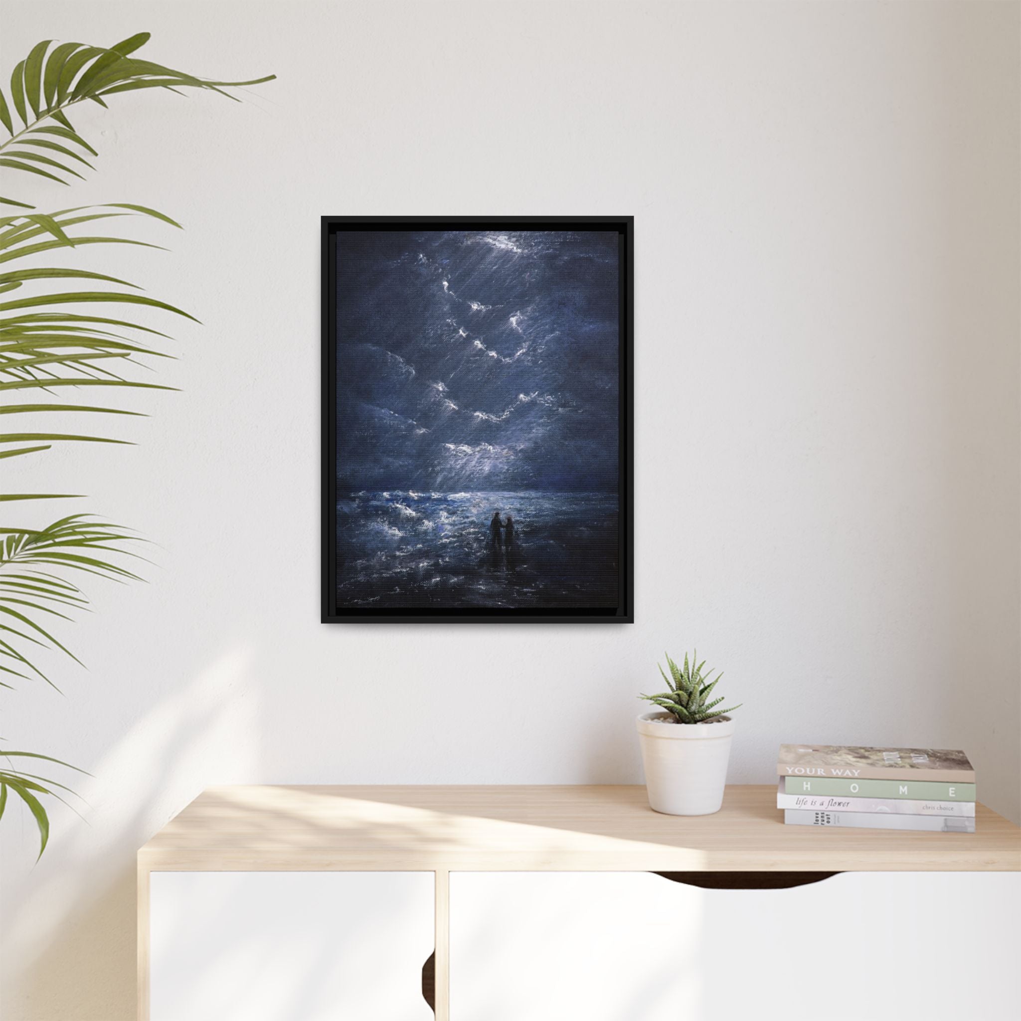 Couple on Shore at Night - Framed Canvas Art