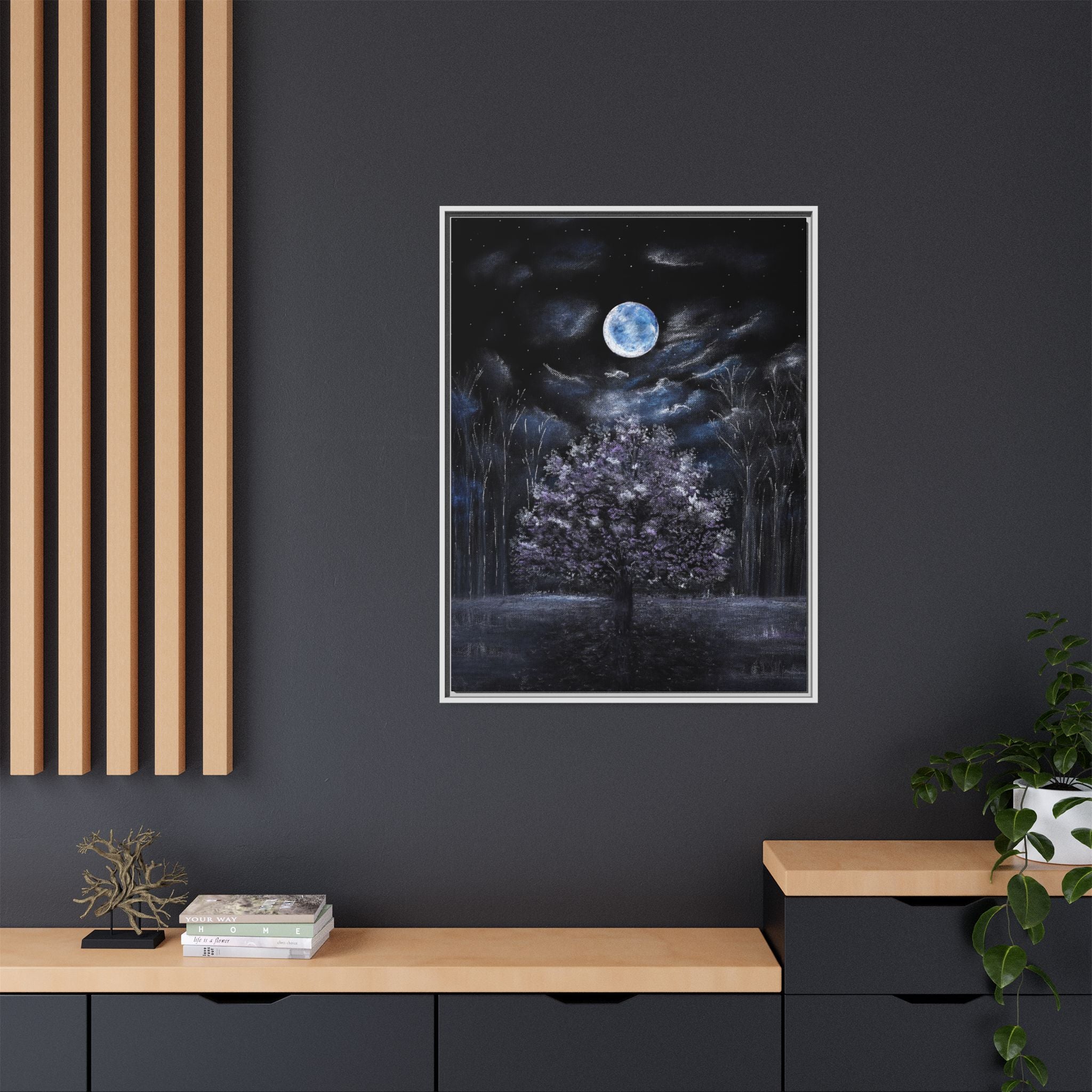 Framed Matte Canvas Art — Moonlit Tree Nightscape