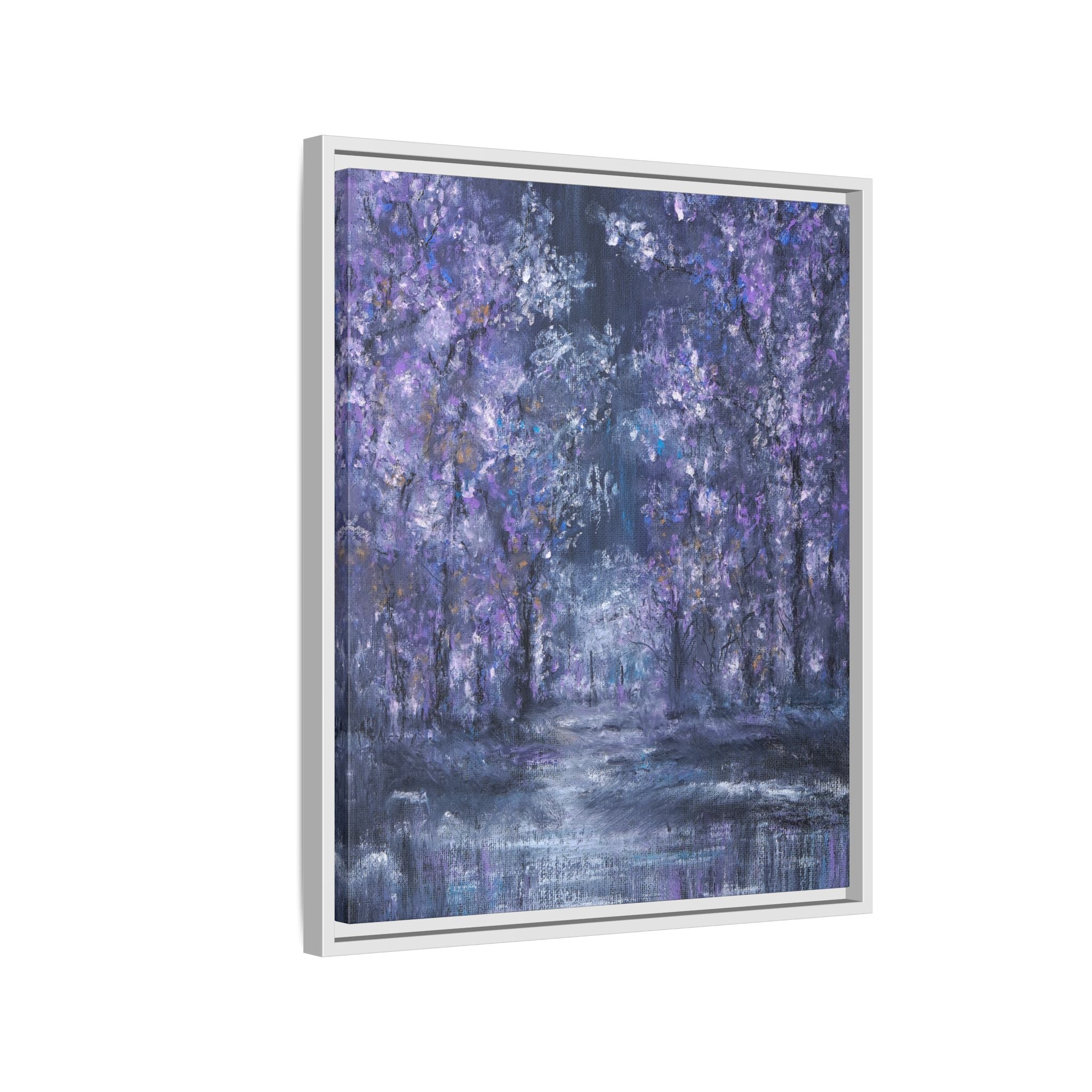 Framed Matte Canvas Art – Lavender Forest Moonlit Landscape