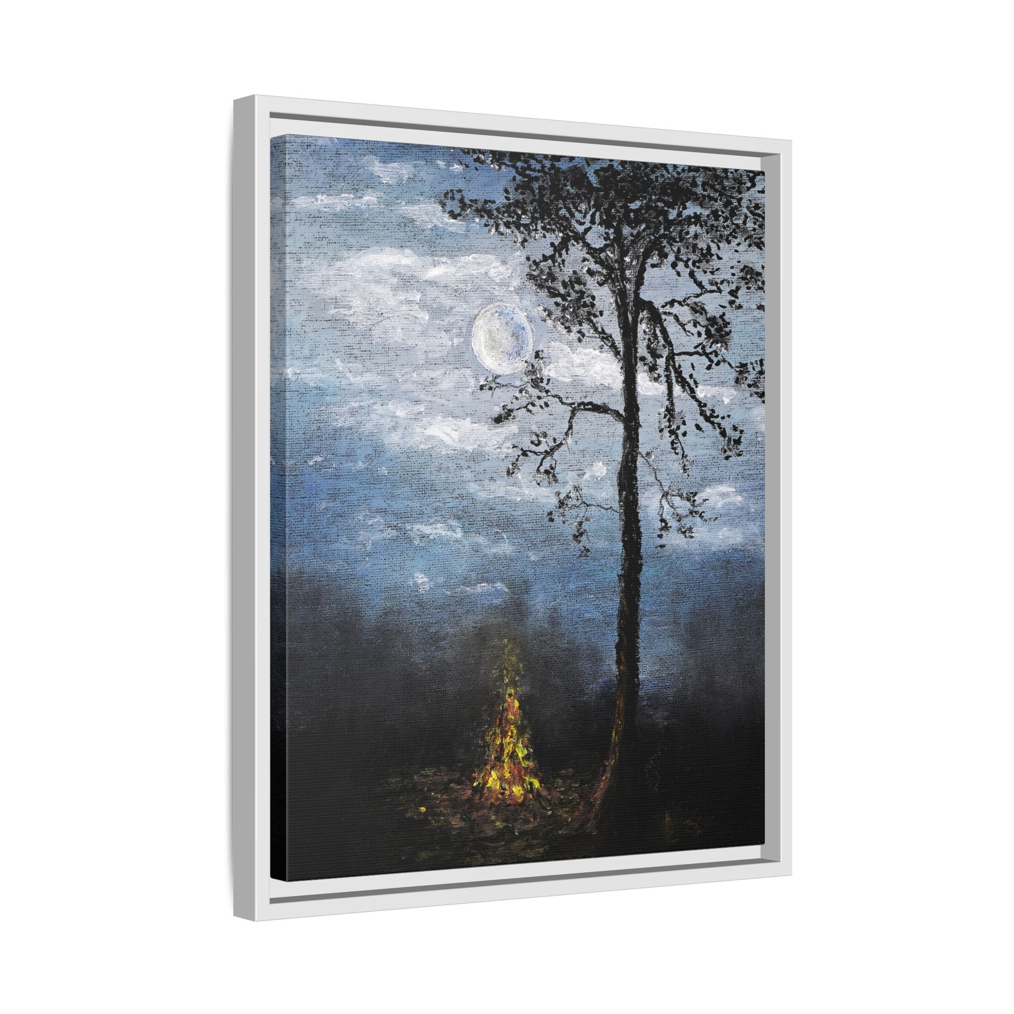 Framed Matte Canvas Print — Moonlit Campfire Landscape