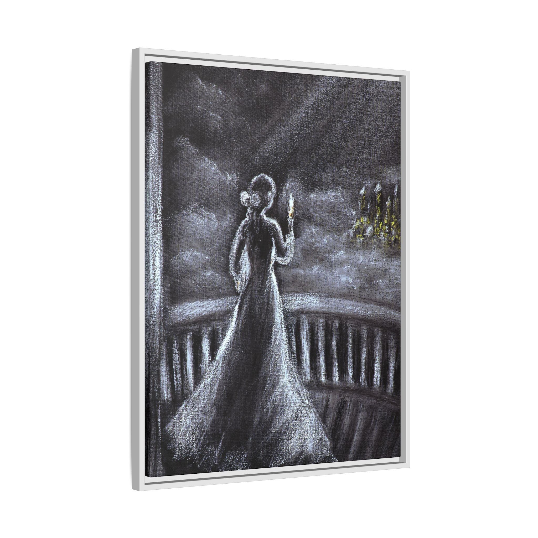 Framed Matte Canvas — Moonlit Lady on Balcony