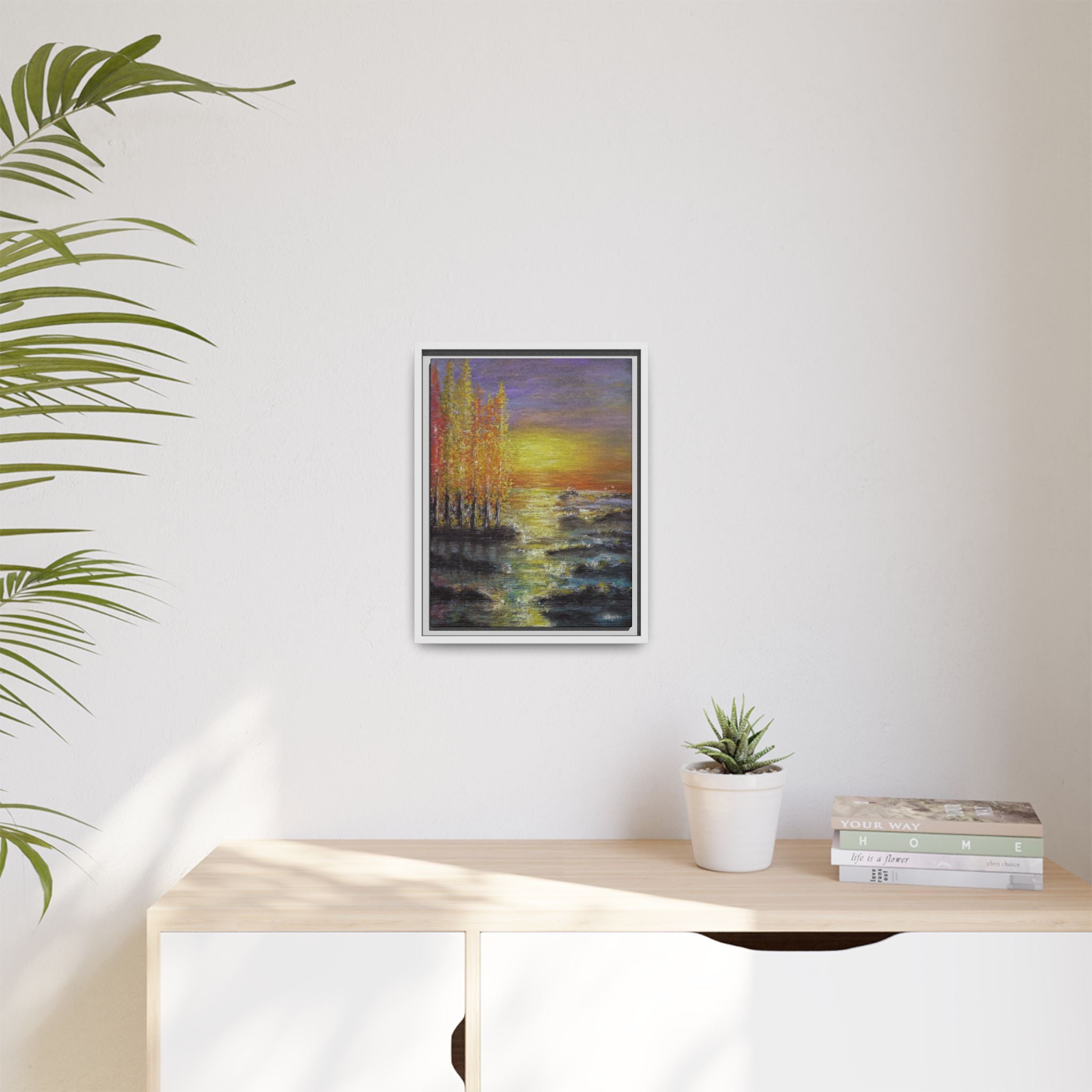 Tranquil Sunset Lake - Framed Matte Canvas Art Print