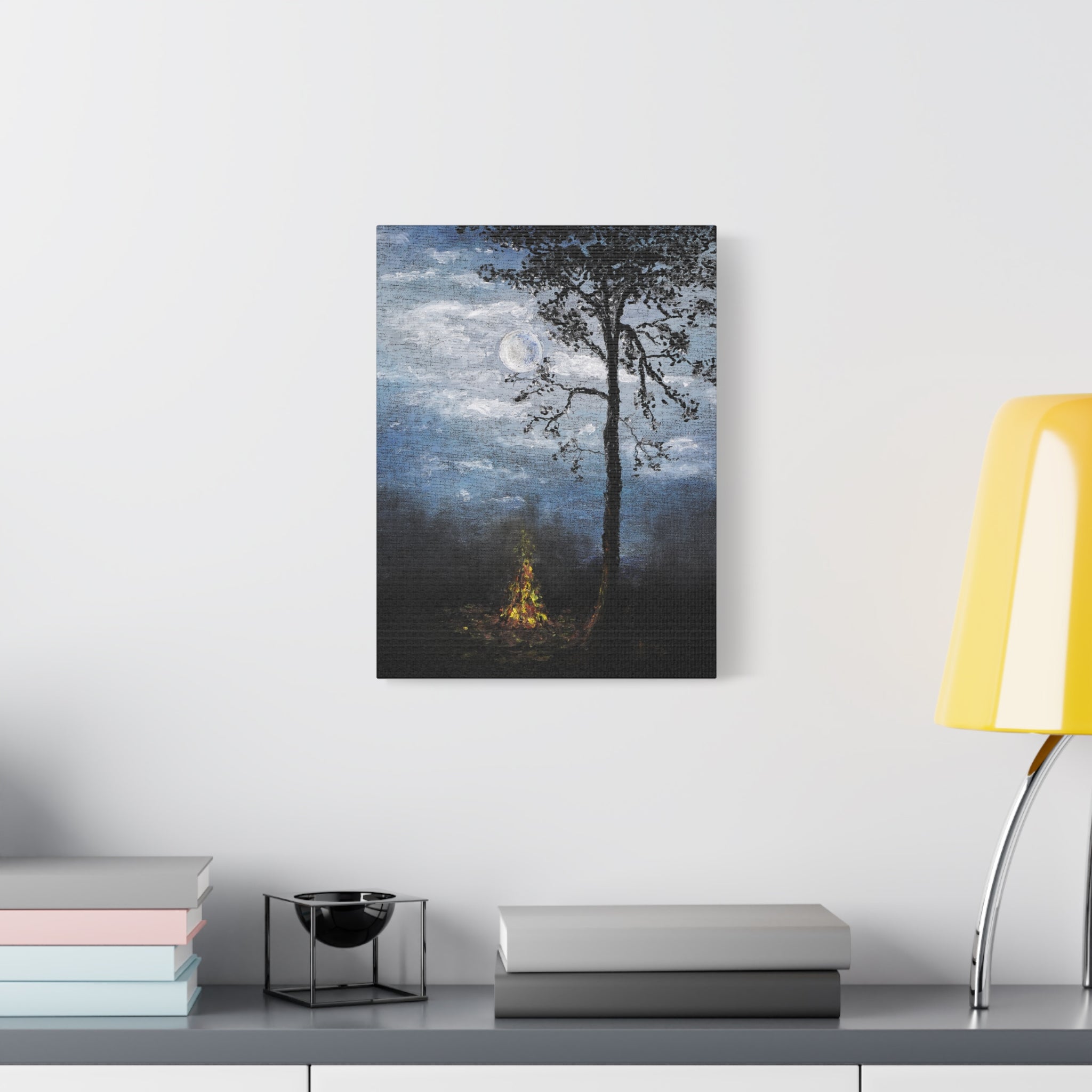 Moonlit Campfire Matte Canvas Wall Art — Night Forest Landscape