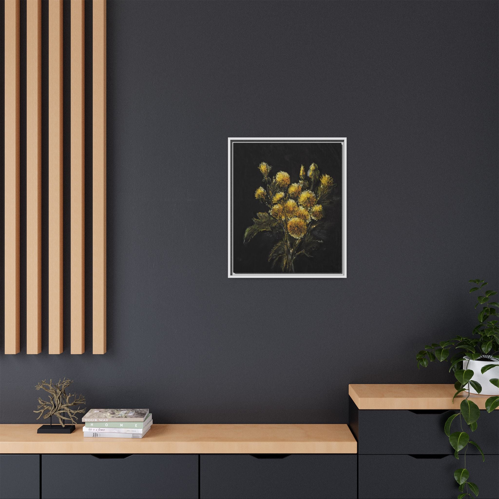 Framed Matte Canvas Print — Yellow Wildflower Bouquet on Black (Botanical Wall Art)