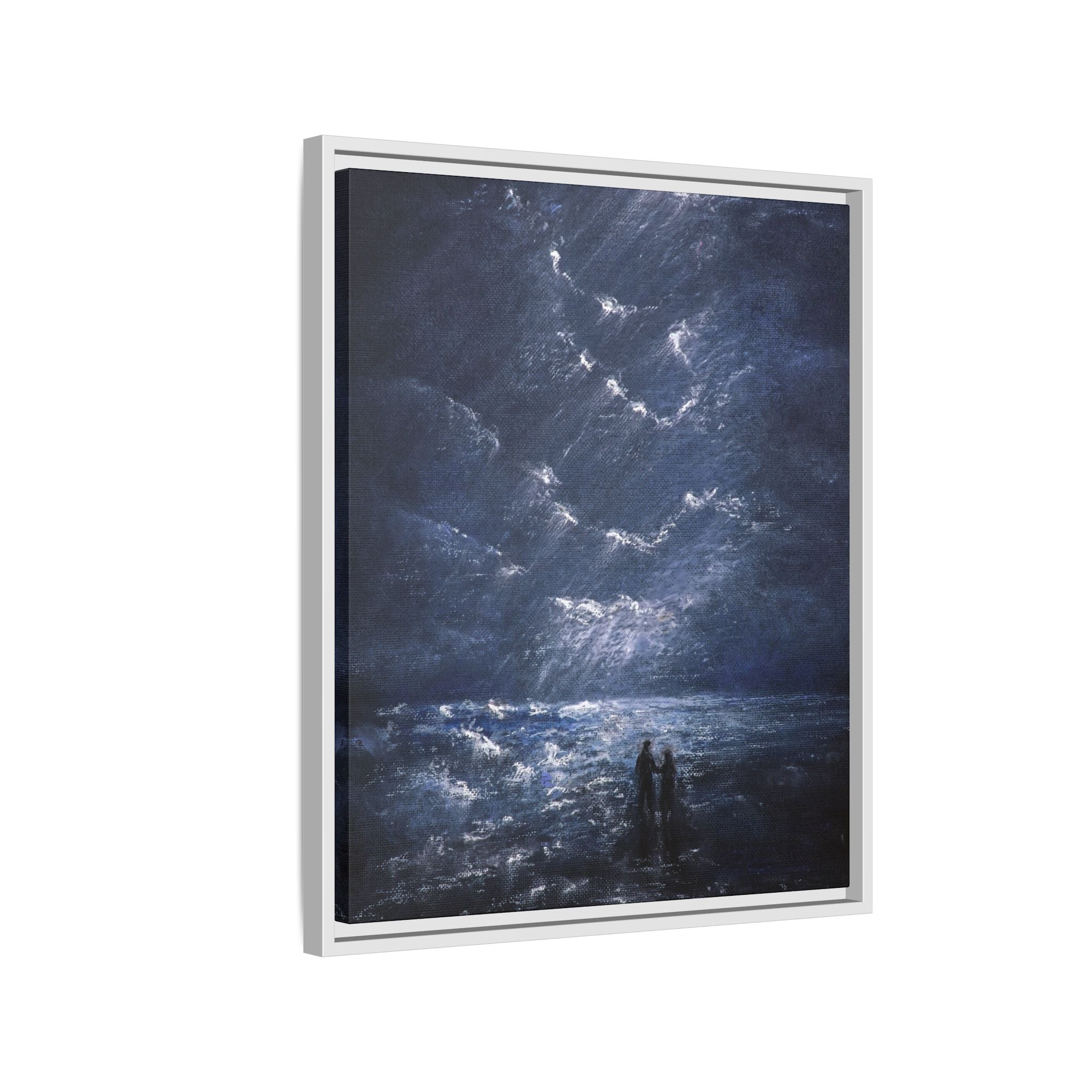 Couple on Shore at Night - Framed Canvas Art