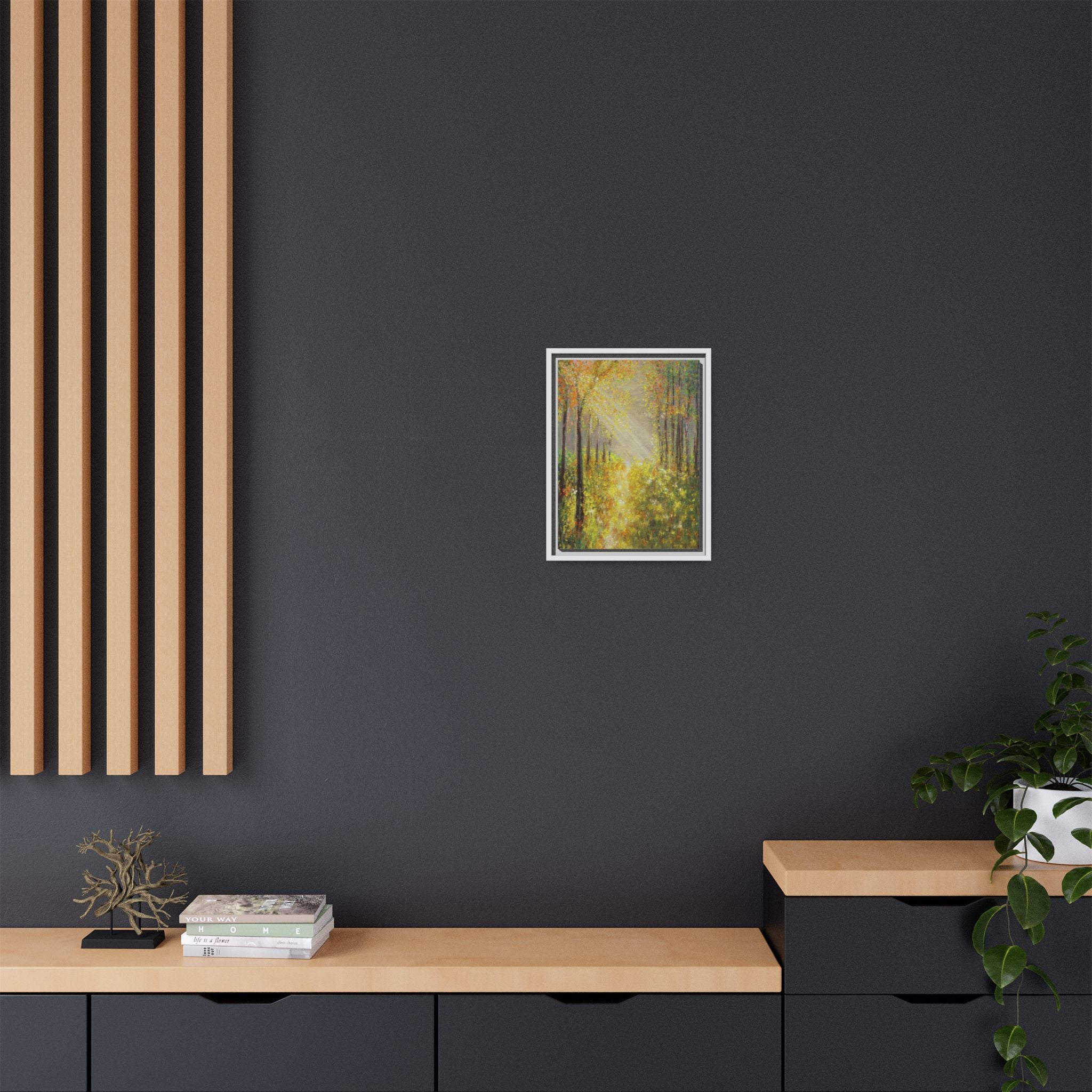 Sunlit Forest Path Framed Canvas Art — Autumn Woodland Wall Decor
