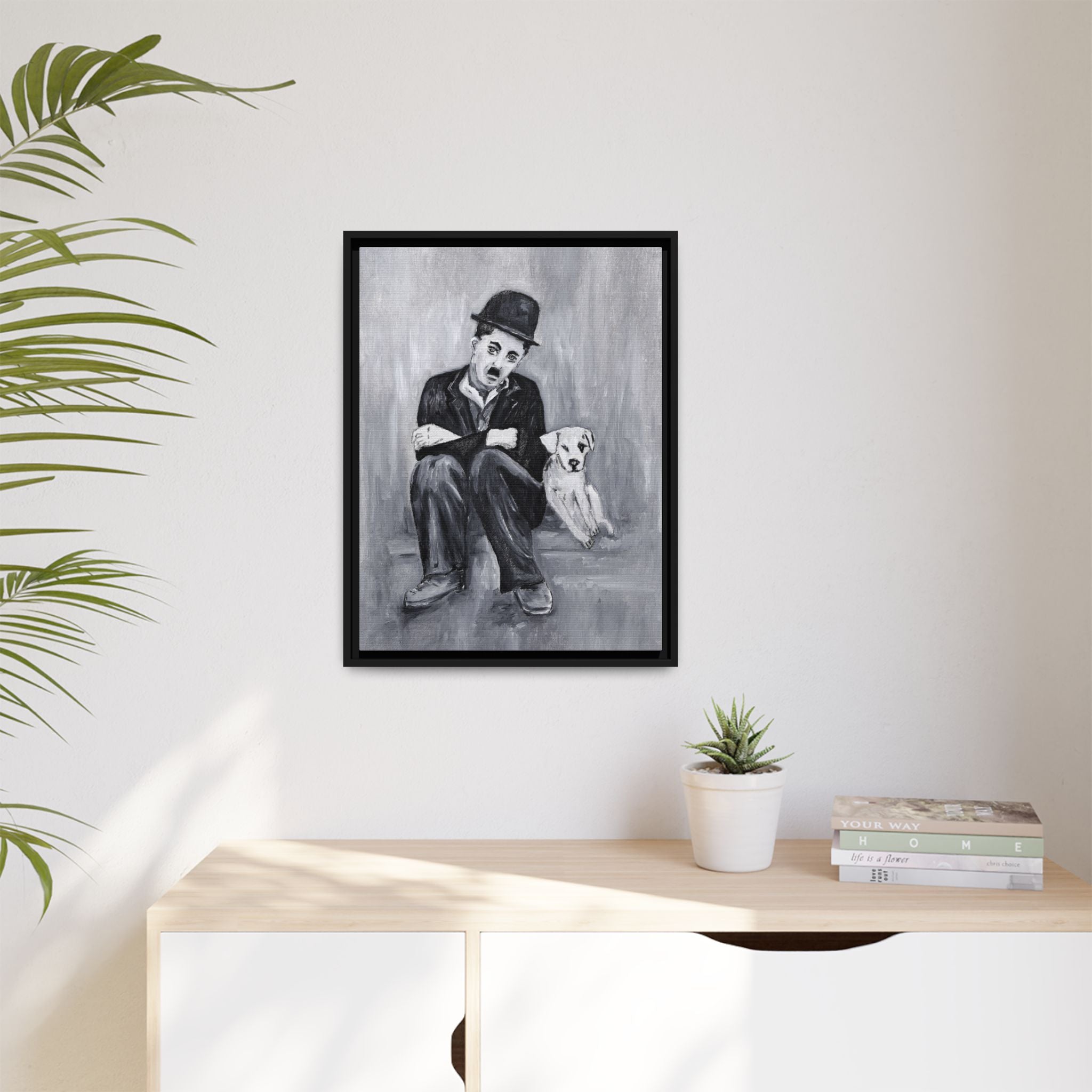 Charlie Chaplin & Dog Matte Framed Canvas Print — Vintage Black & White Wall Art