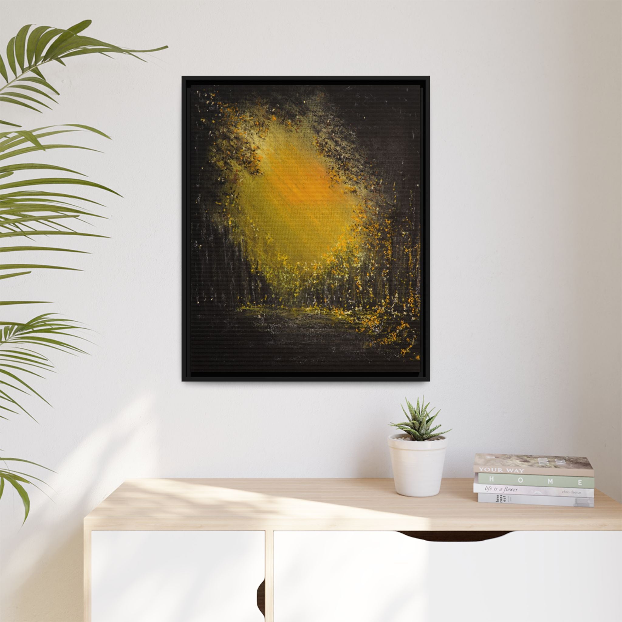 Framed Matte Canvas Wall Art — Golden Forest Glow