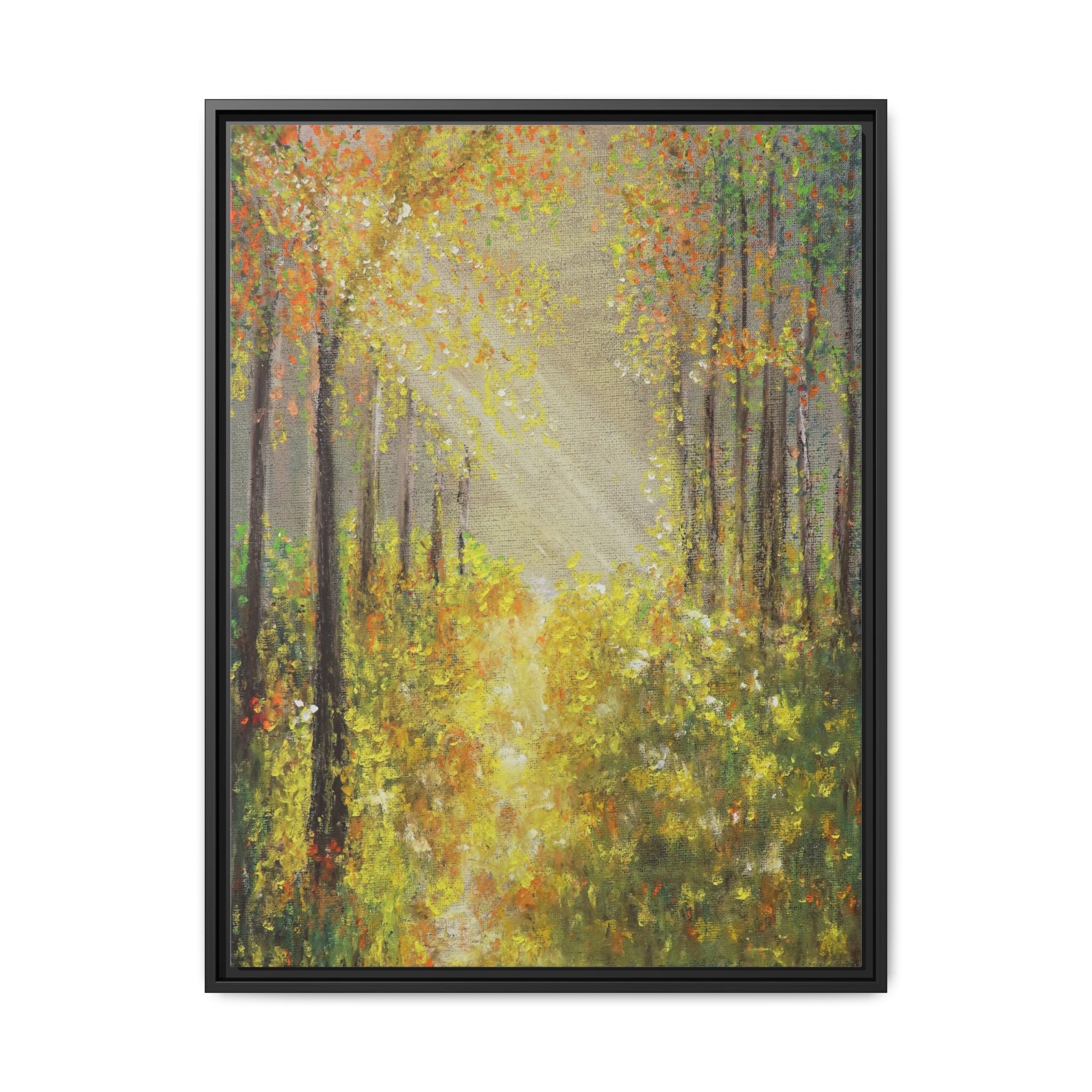 Sunlit Forest Path Framed Canvas Art — Autumn Woodland Wall Decor