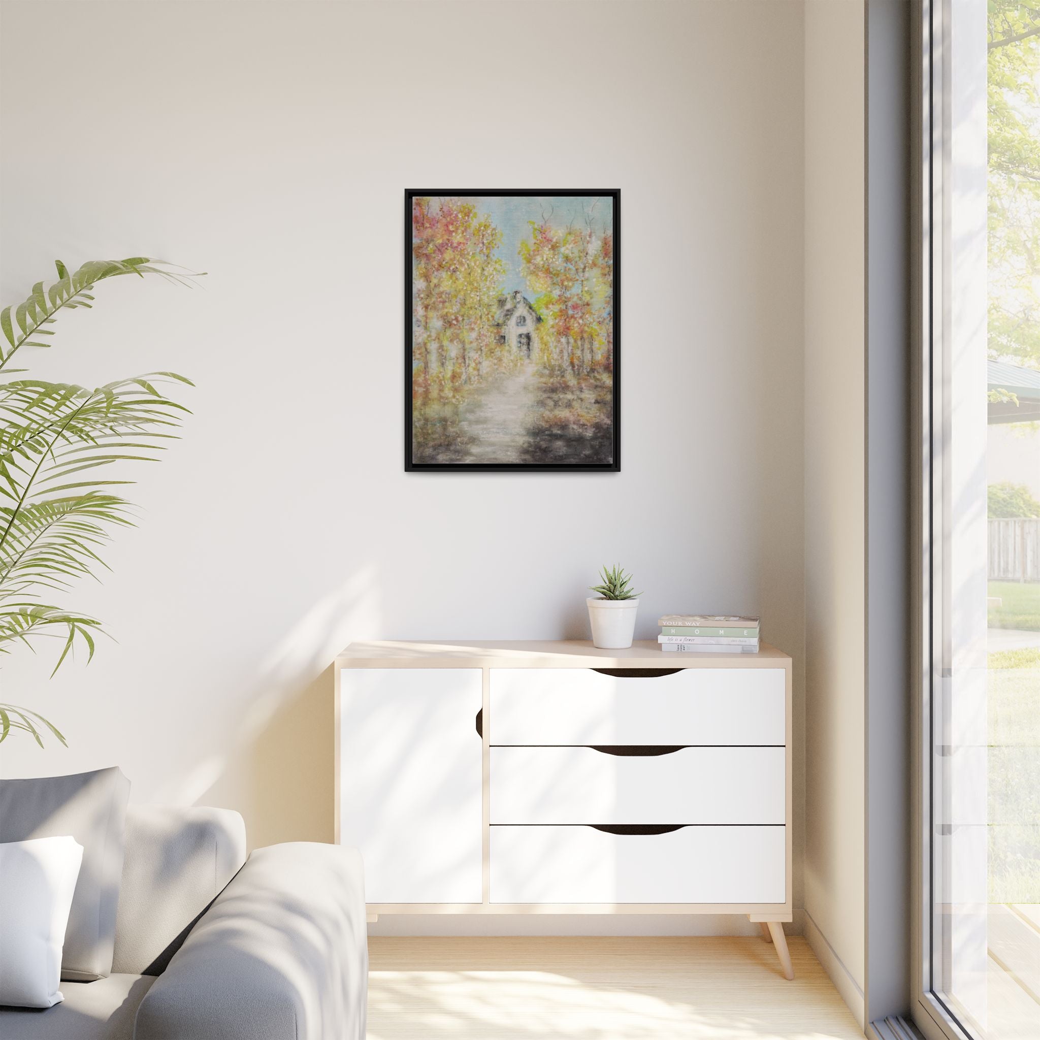 Framed Autumn Cottage Canvas Print — Rustic Fall Landscape Wall Art