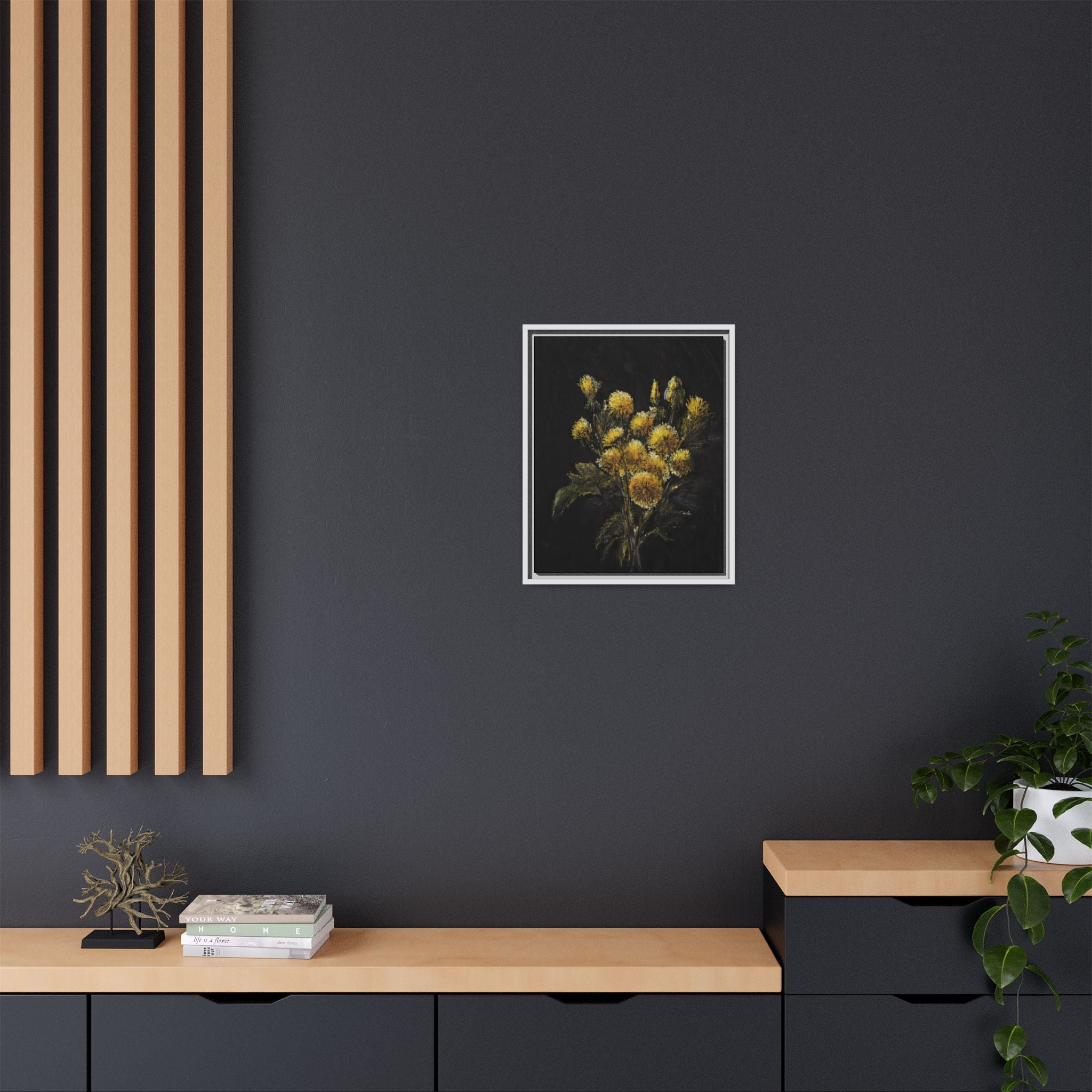 Framed Matte Canvas Print — Yellow Wildflower Bouquet on Black (Botanical Wall Art)