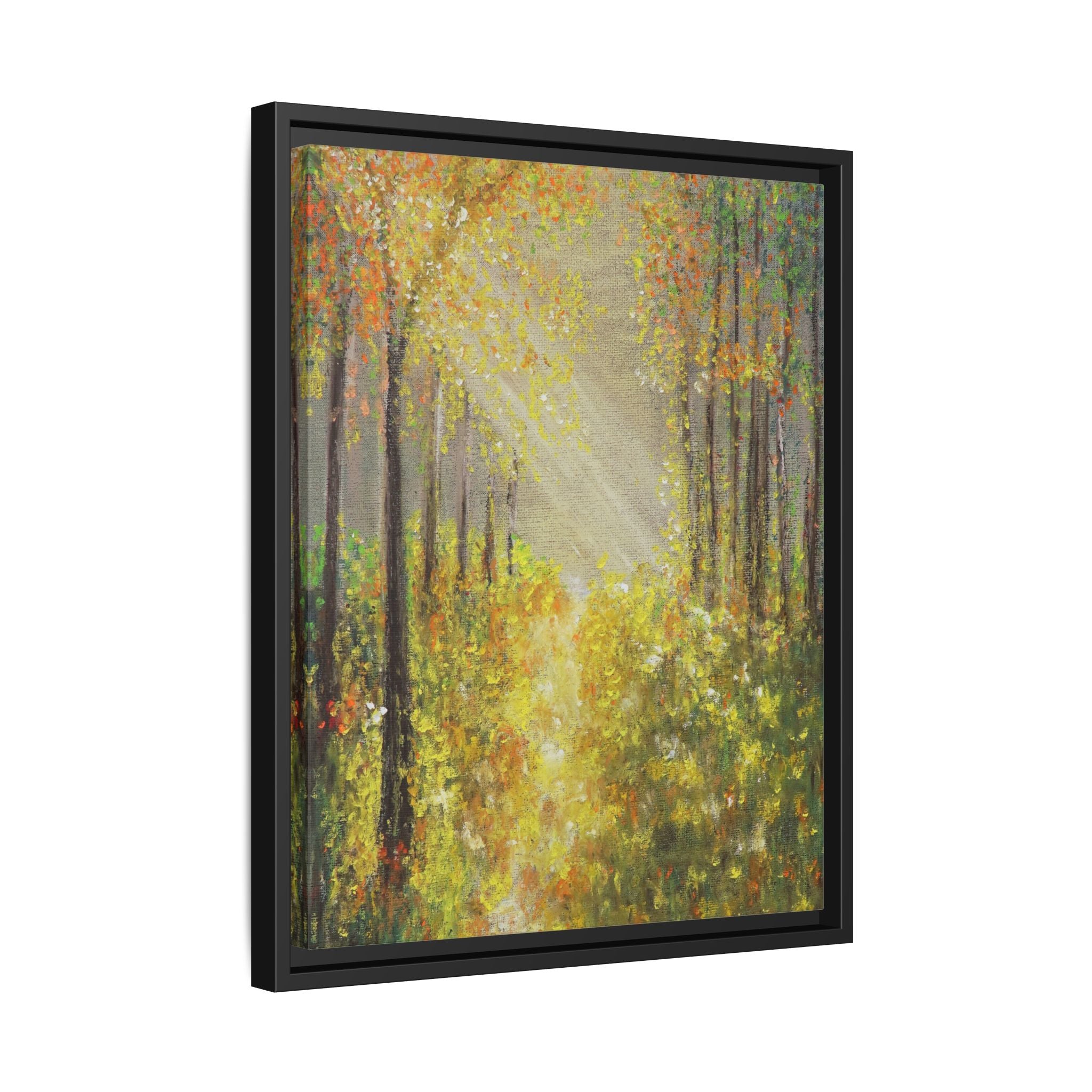 Sunlit Forest Path Framed Canvas Art — Autumn Woodland Wall Decor