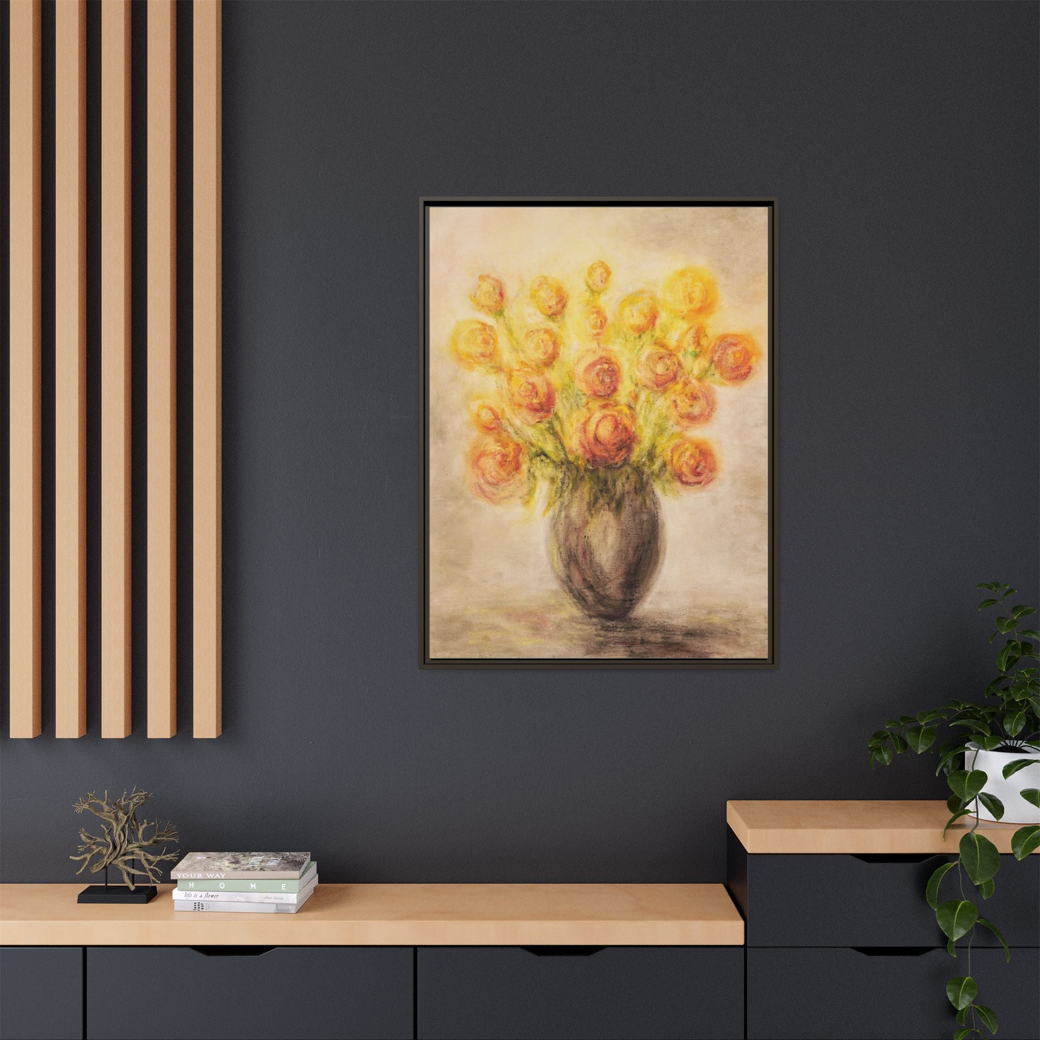 Framed Matte Canvas Floral Bouquet Wall Art — Yellow Rose Vase Print