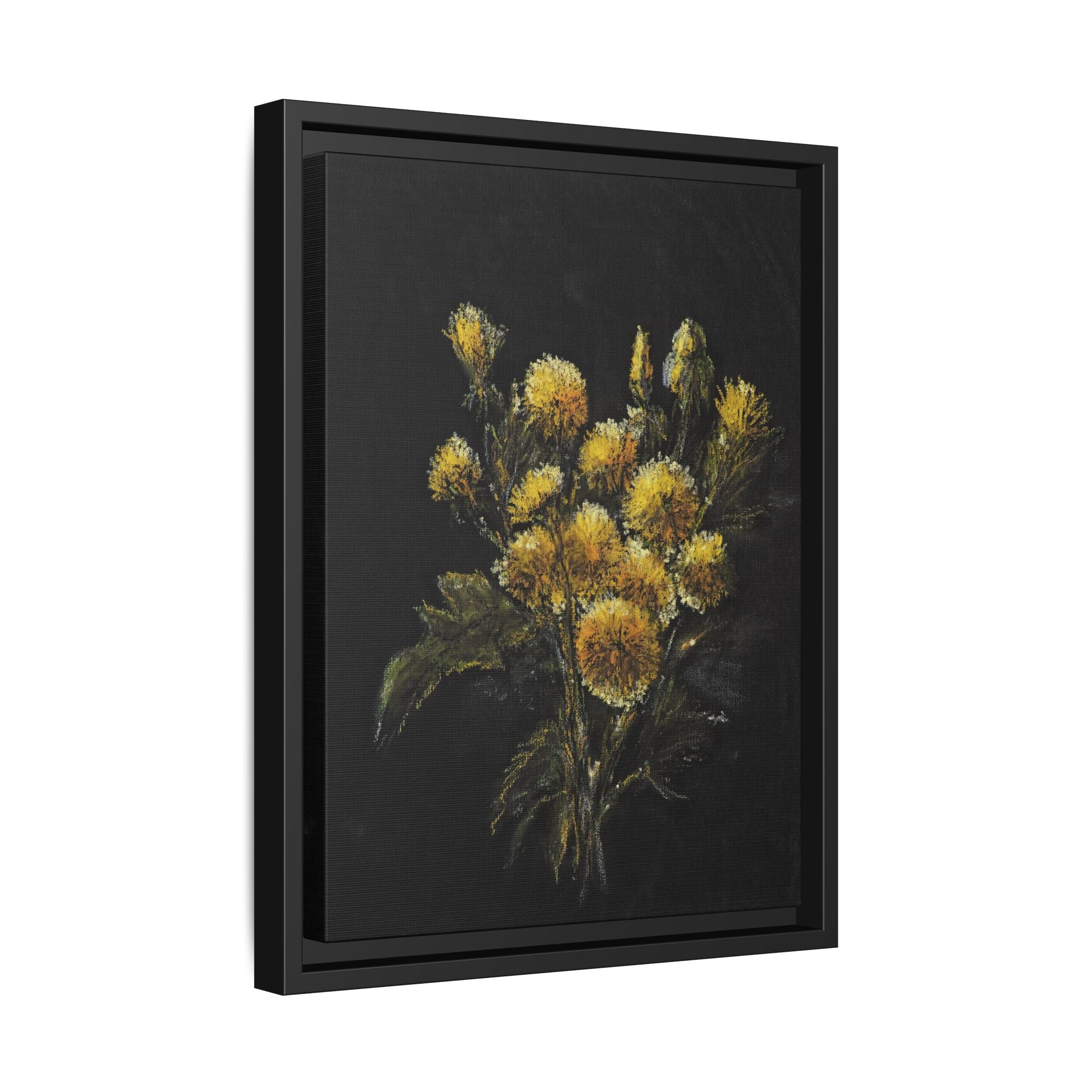 Framed Matte Canvas Print — Yellow Wildflower Bouquet on Black (Botanical Wall Art)
