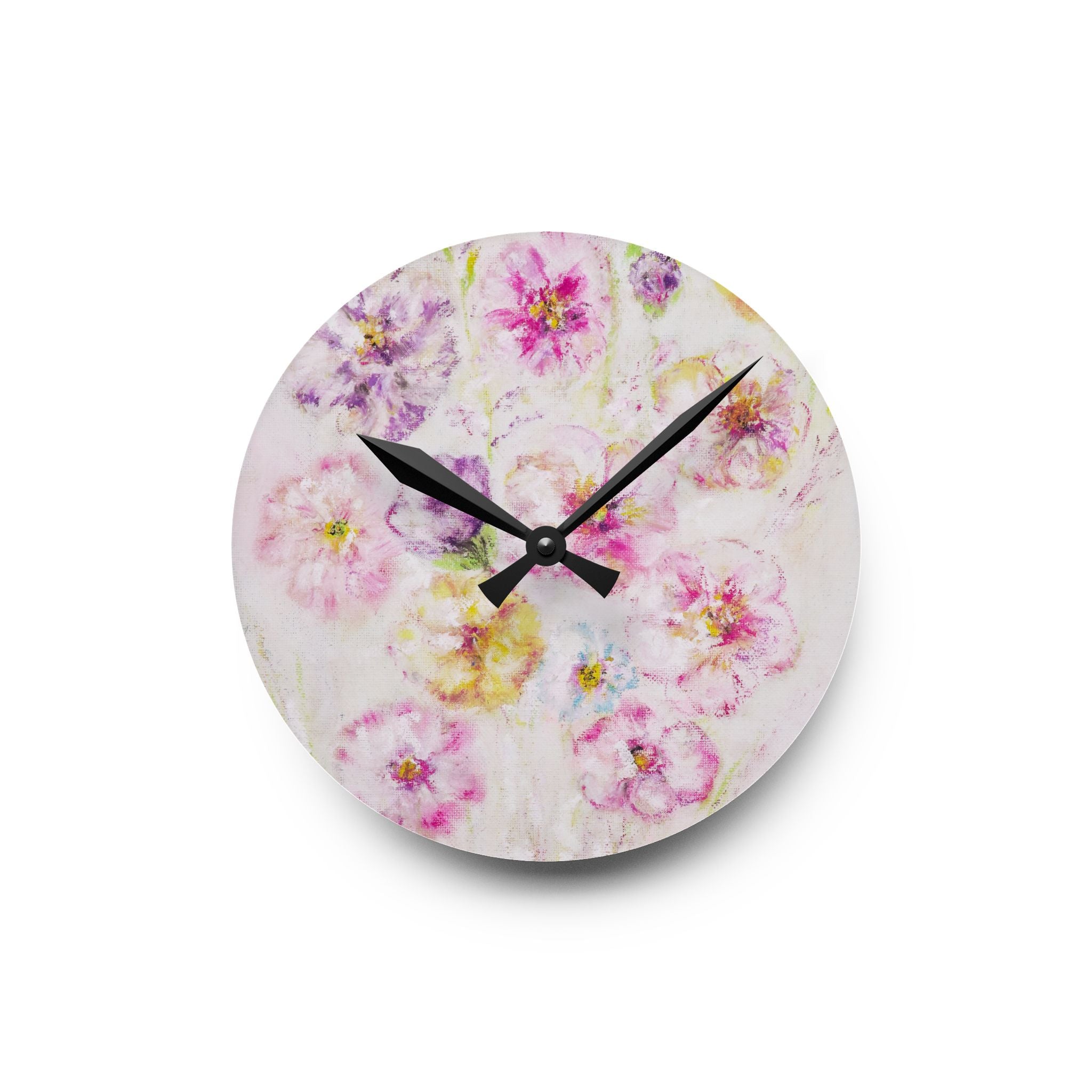 Floral Watercolor Acrylic Wall Clock – Pastel Flower Home Decor