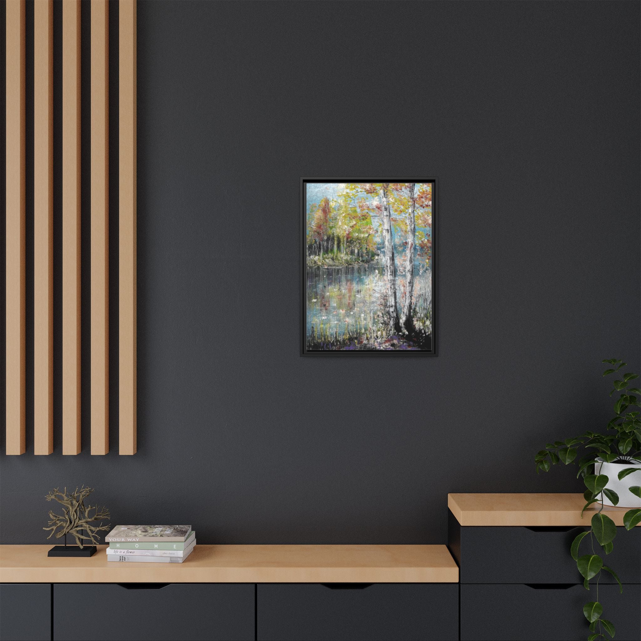 Framed Matte Canvas-Trees by the Lake