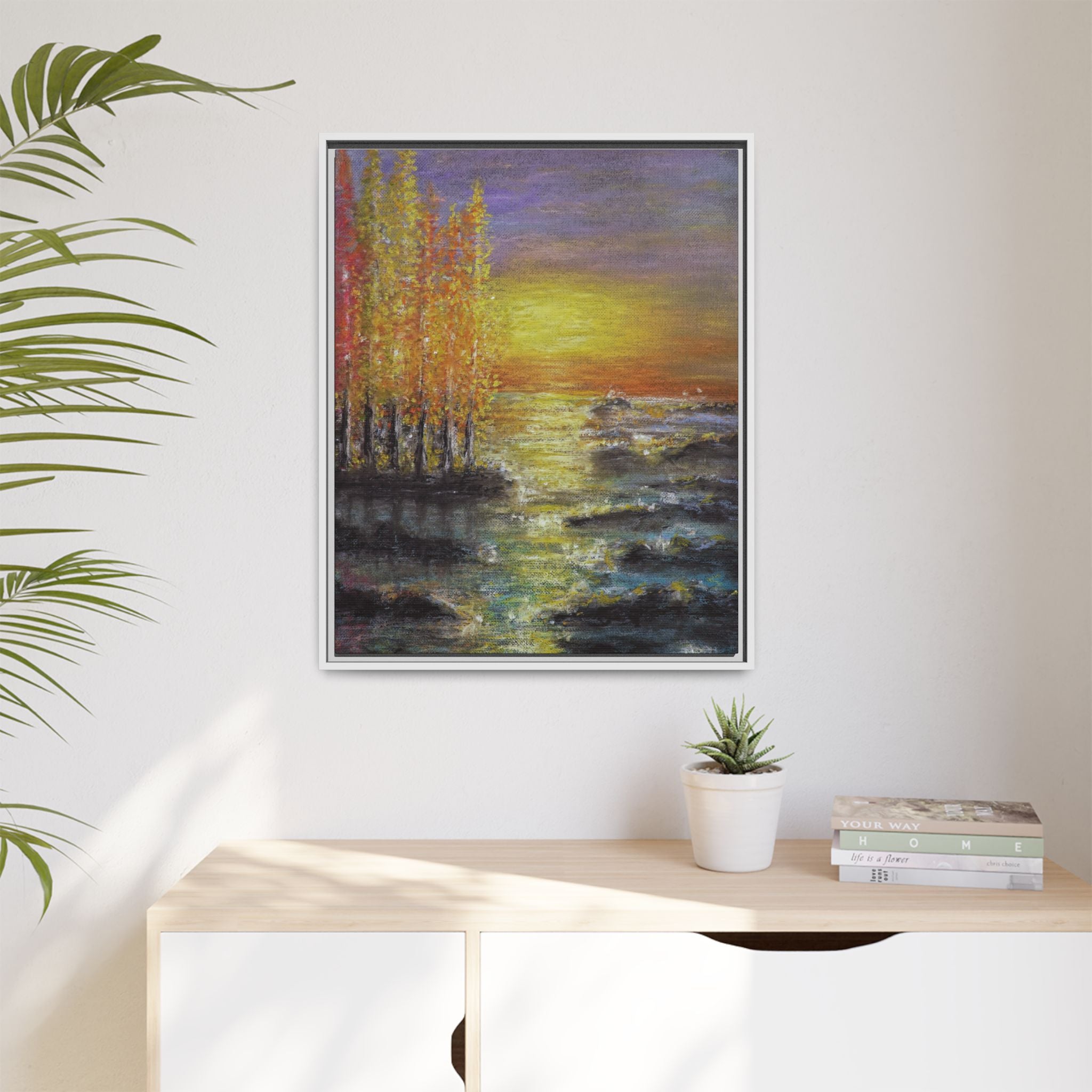 Tranquil Sunset Lake - Framed Matte Canvas Art Print