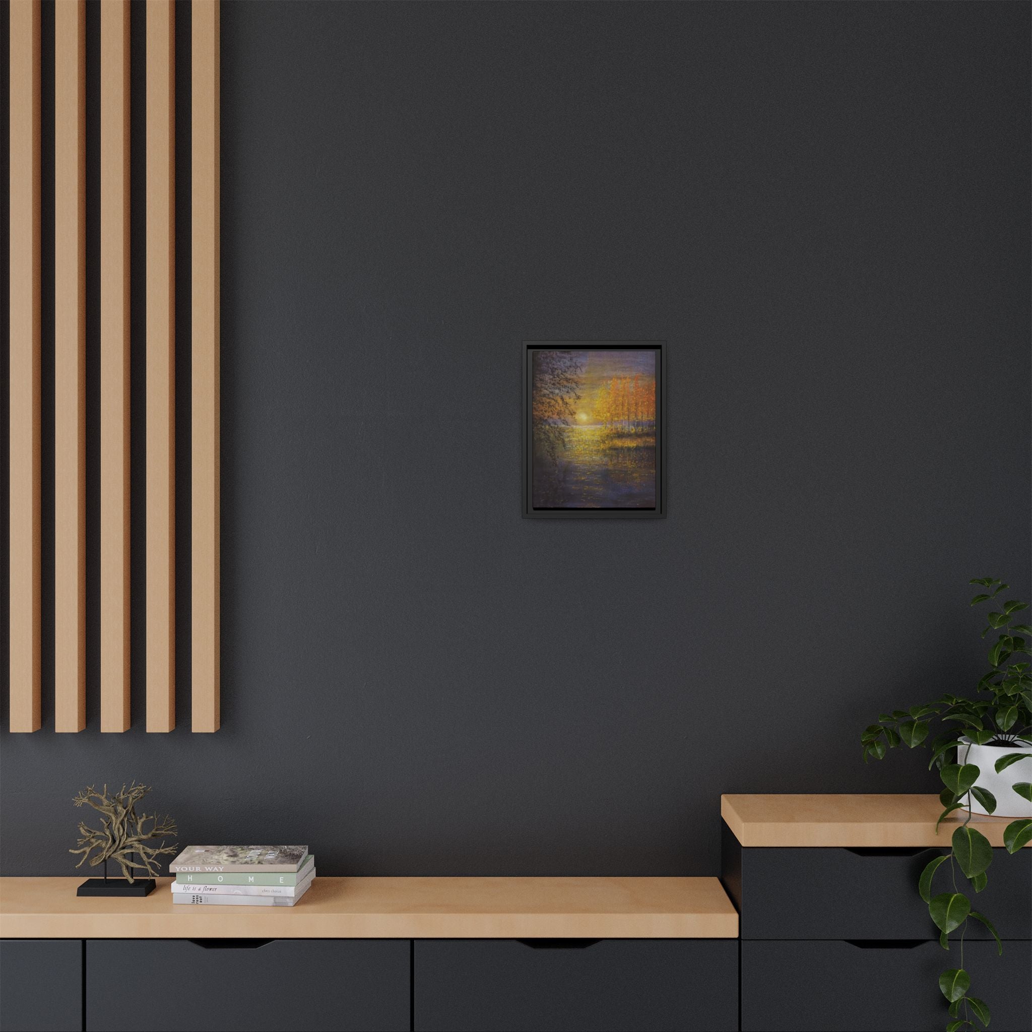 Framed Matte Canvas Painting - Golden Trees Over Tranquil Lake