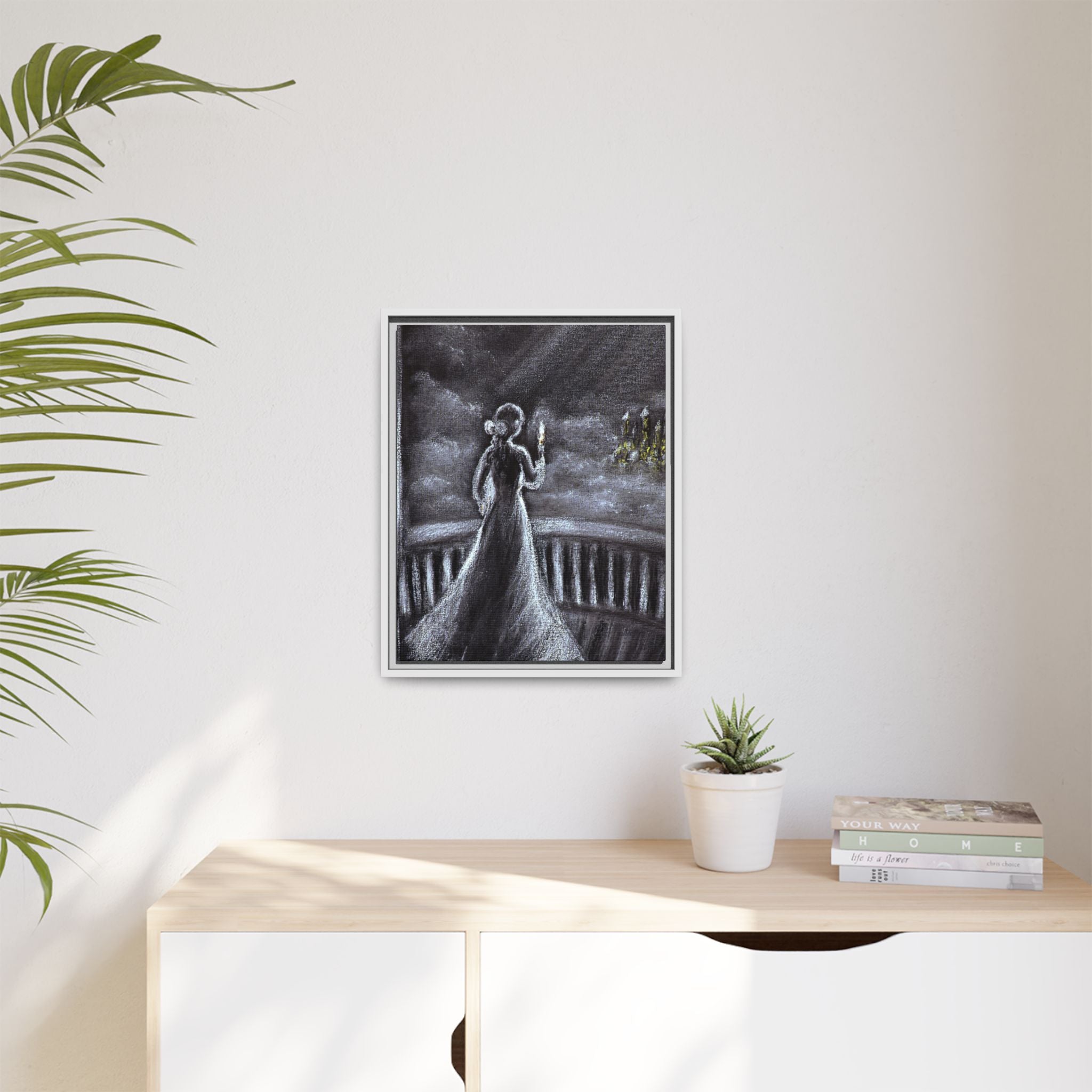 Framed Matte Canvas — Moonlit Lady on Balcony
