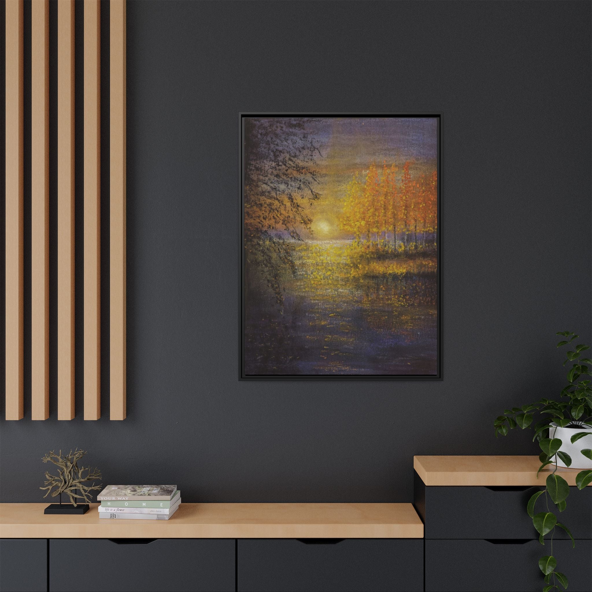 Framed Matte Canvas Painting - Golden Trees Over Tranquil Lake