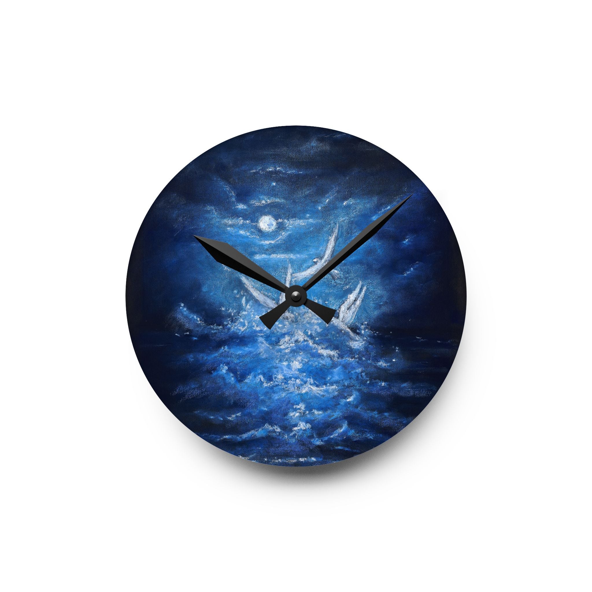 Acrylic Wall Clock — Midnight Ocean White Birds Night Sky Art