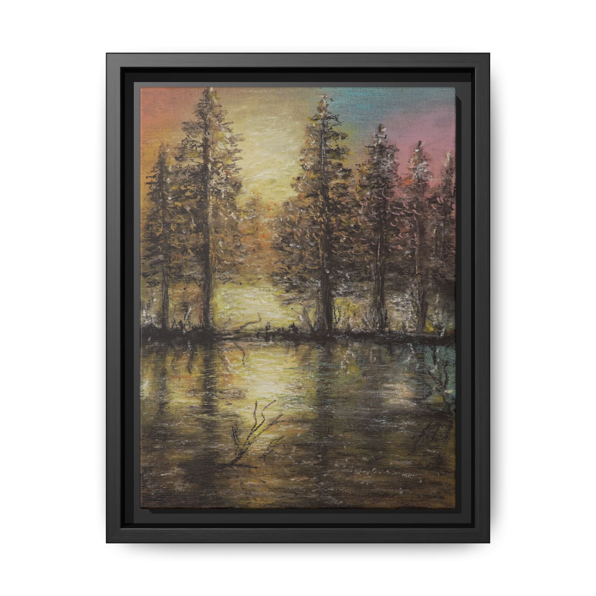 Framed Matte Canvas Wall Art — Sunset Forest Reflection