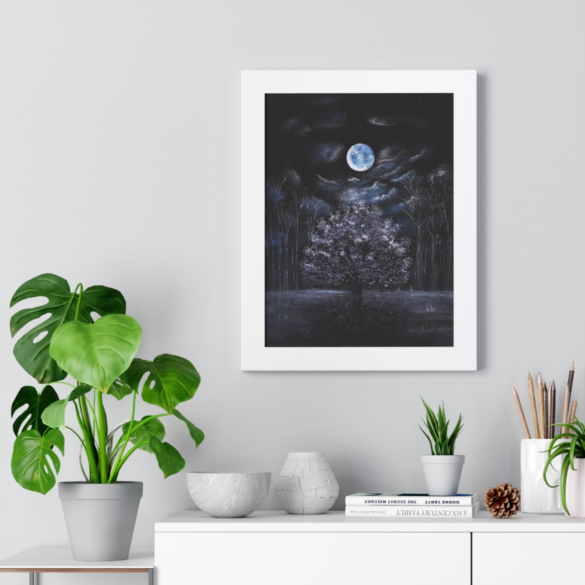 Framed Poster - Moonlit Night Tree Vertical Art Print