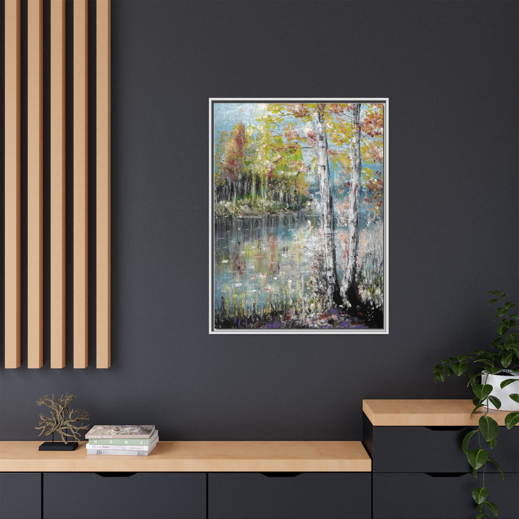 Framed Matte Canvas-Trees by the Lake