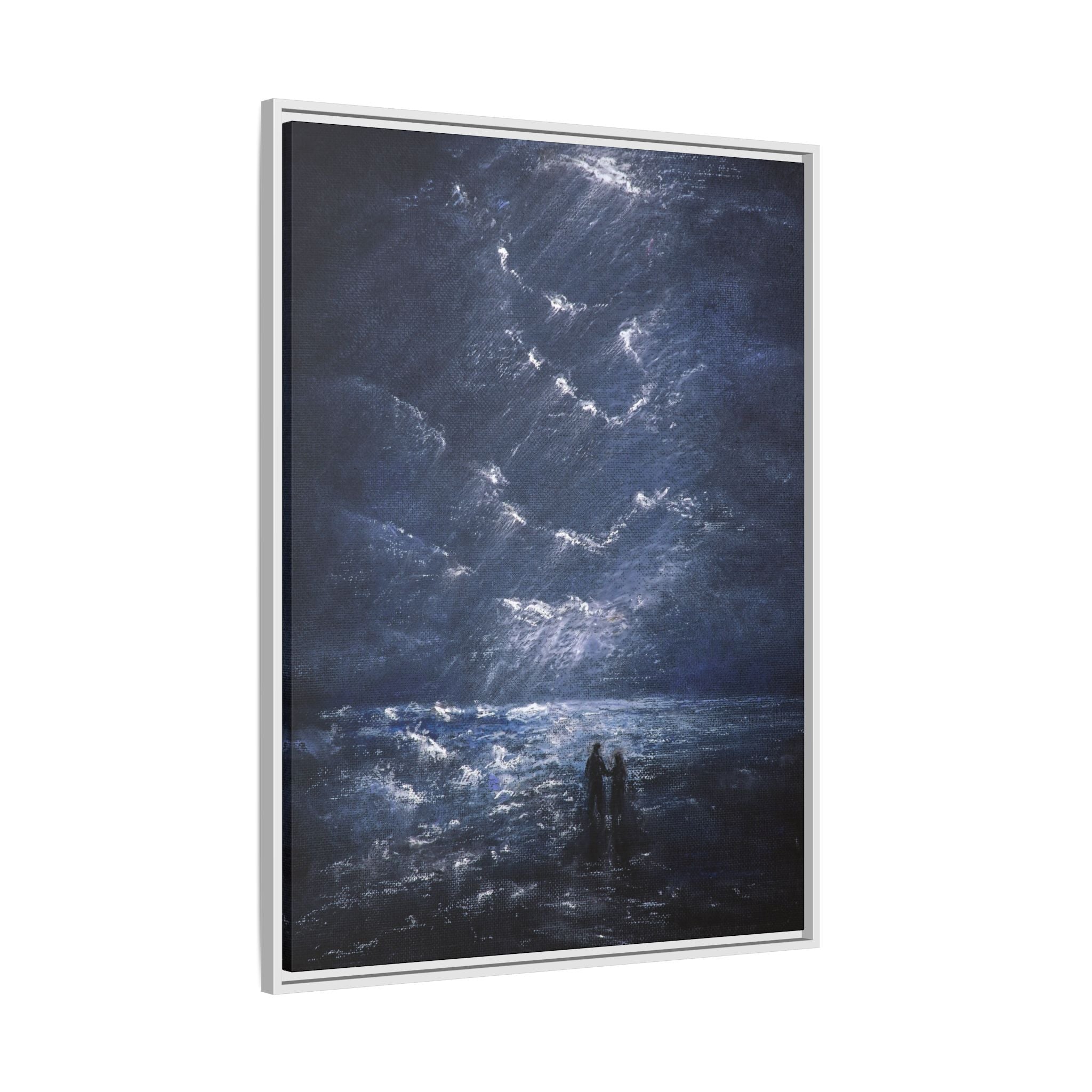 Couple on Shore at Night - Framed Canvas Art
