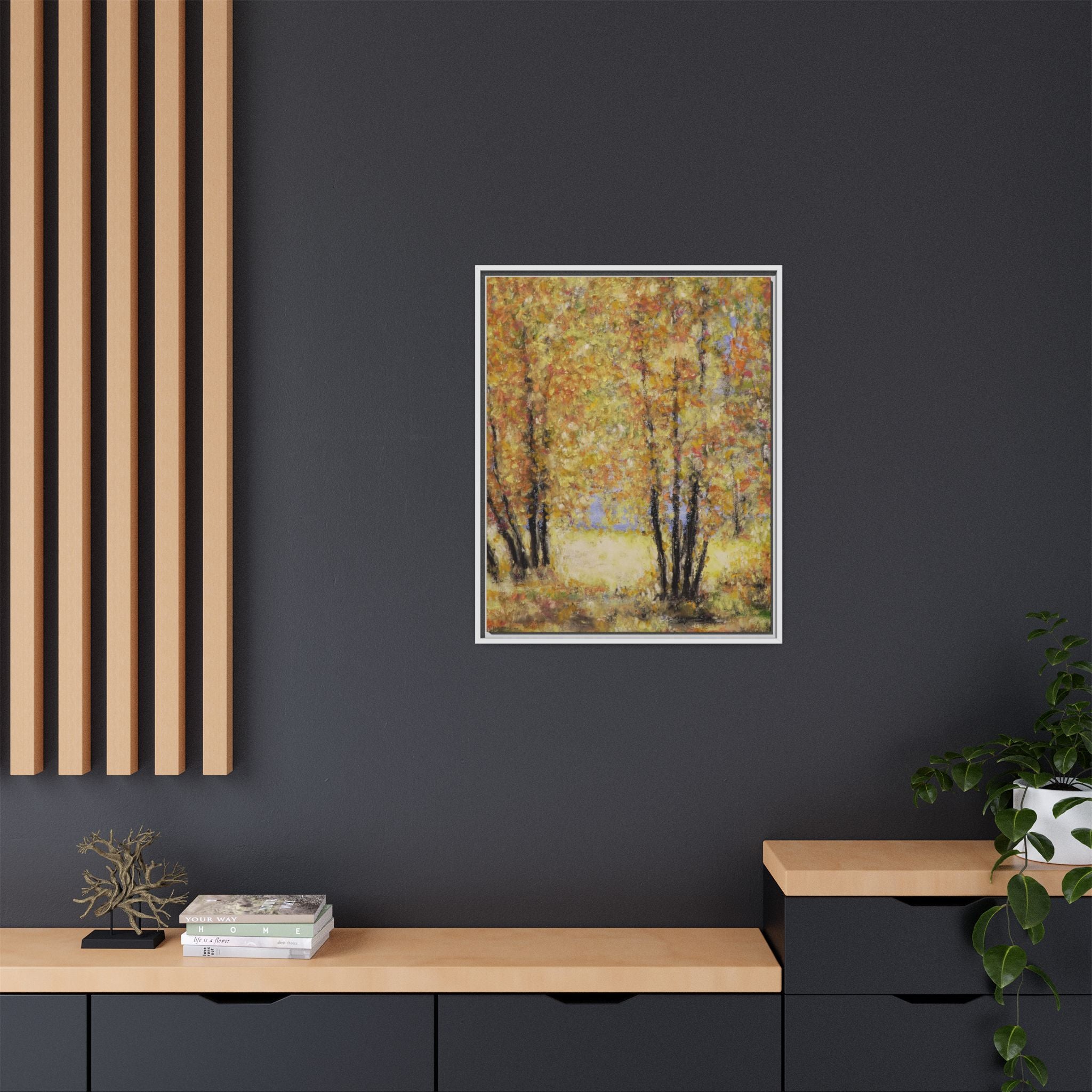 Framed Matte Canvas Autumn Forest Wall Art — Golden Trees Landscape Print
