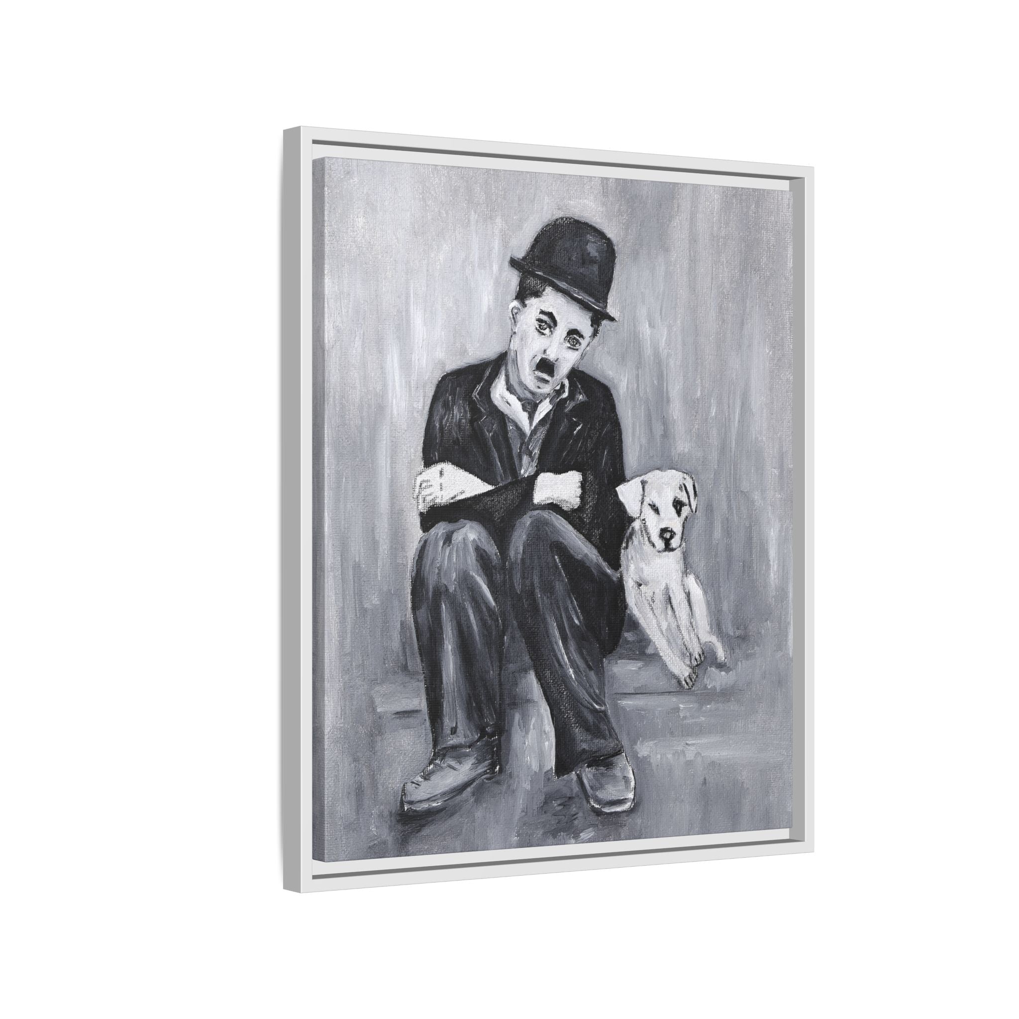 Charlie Chaplin & Dog Matte Framed Canvas Print — Vintage Black & White Wall Art