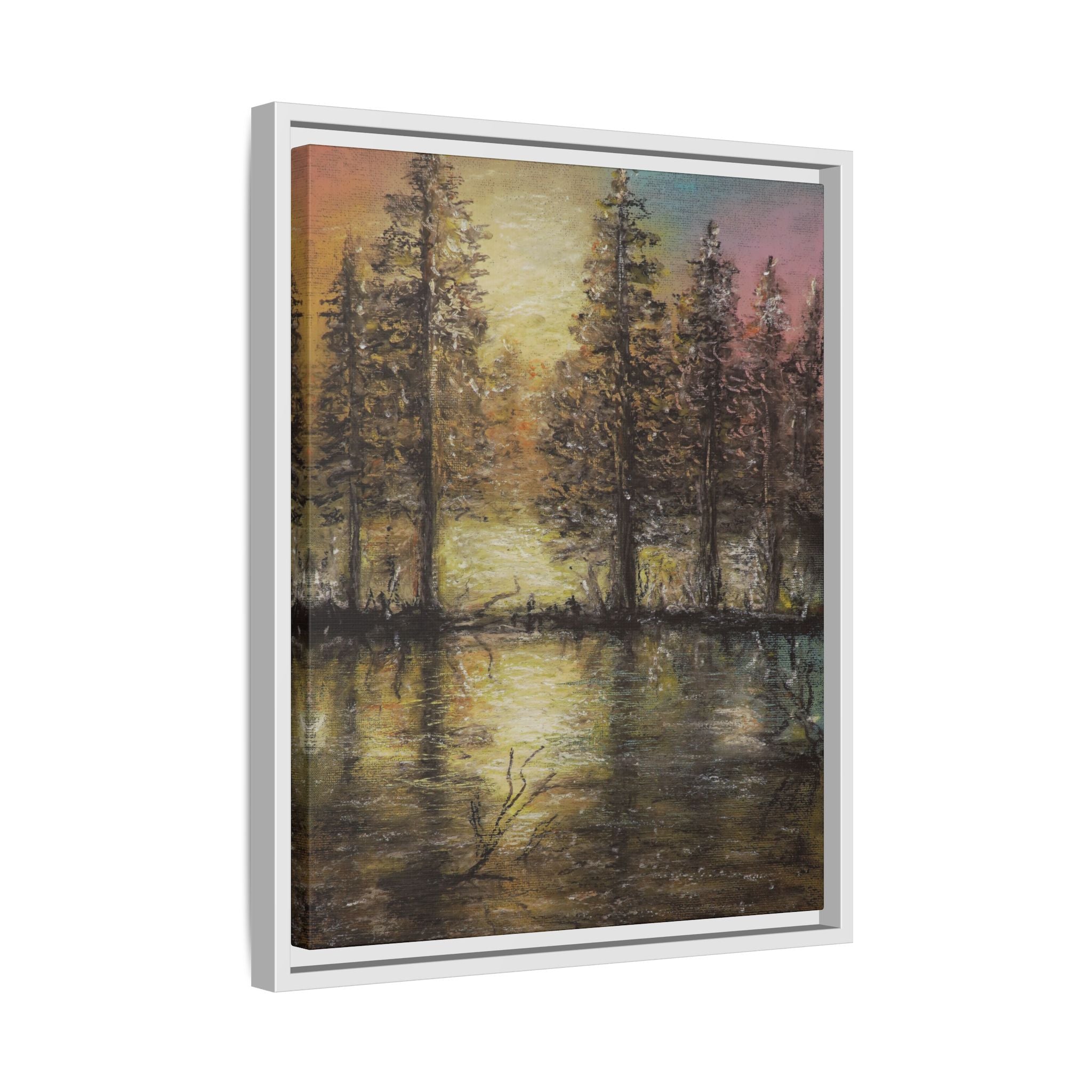 Framed Matte Canvas Wall Art — Sunset Forest Reflection