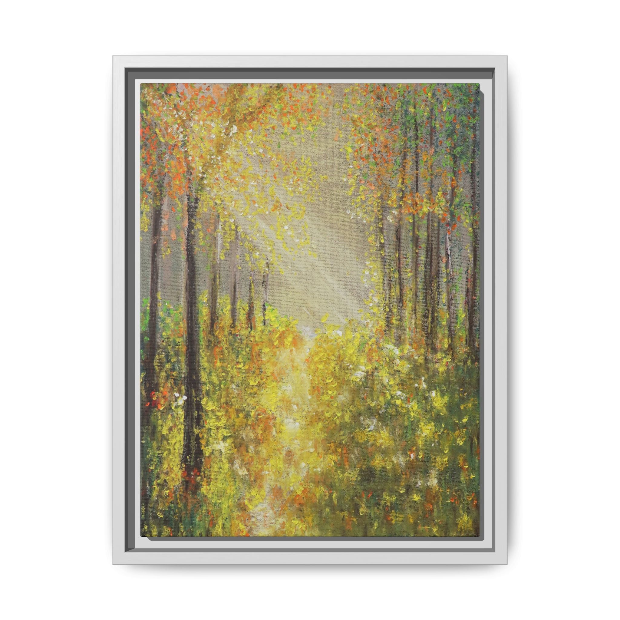 Sunlit Forest Path Framed Canvas Art — Autumn Woodland Wall Decor
