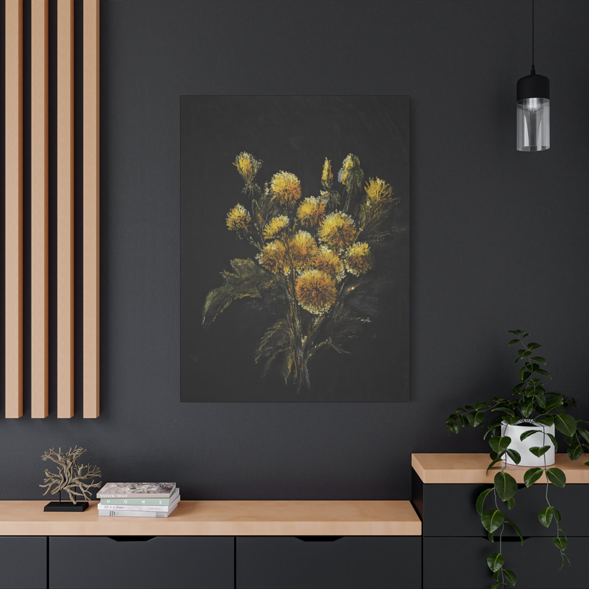 Canvas print of a yellow flower bouquet on a dark wall with wooden shelves and decor.