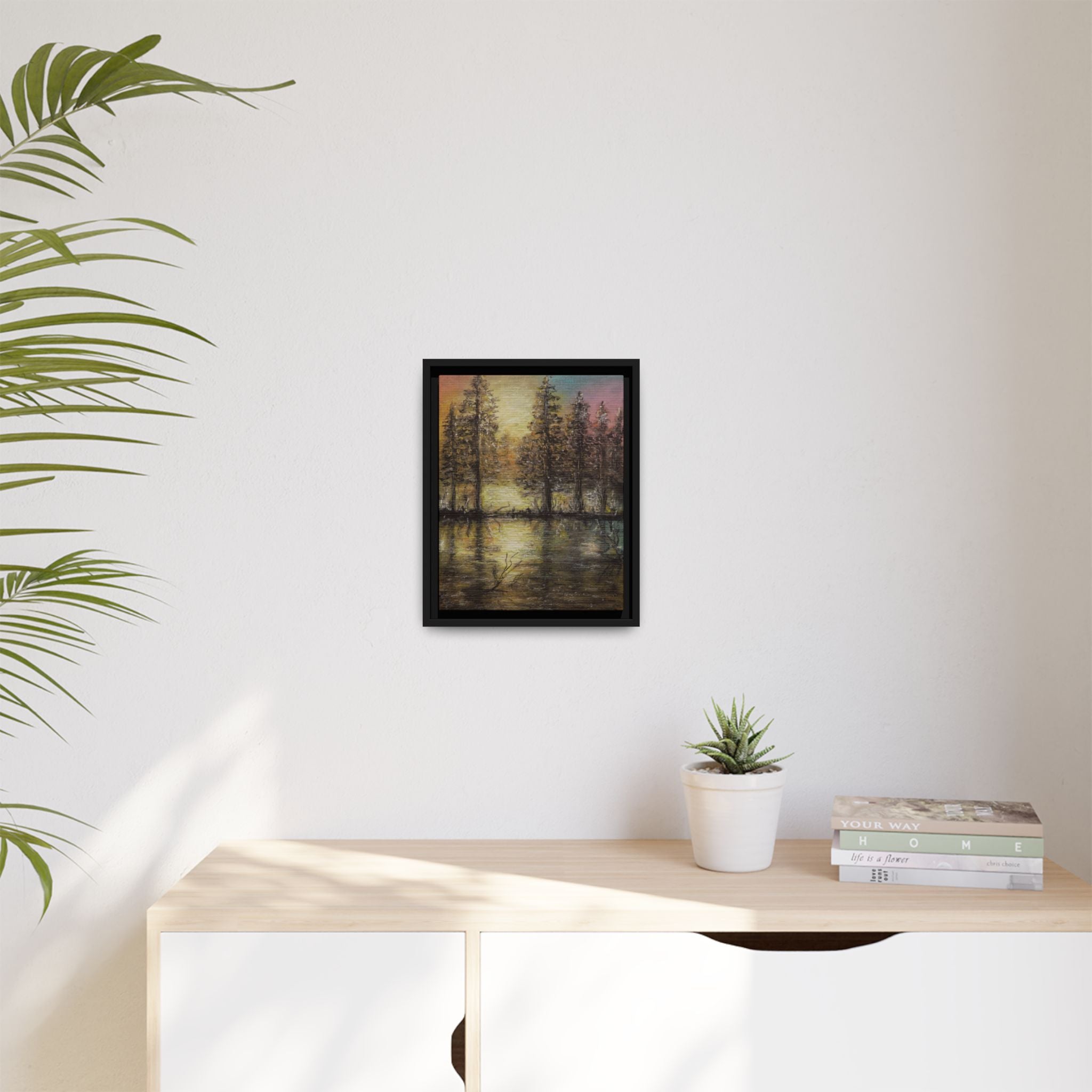 Framed Matte Canvas Wall Art — Sunset Forest Reflection