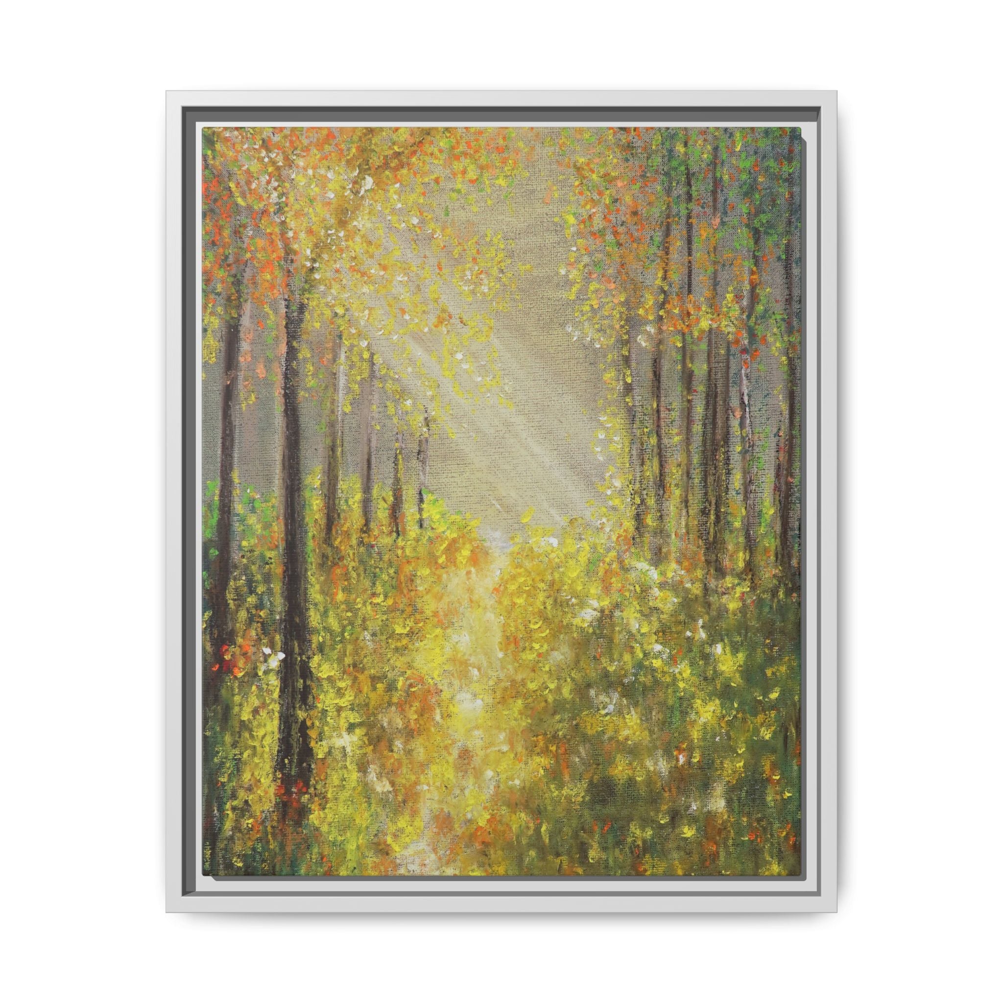 Sunlit Forest Path Framed Canvas Art — Autumn Woodland Wall Decor