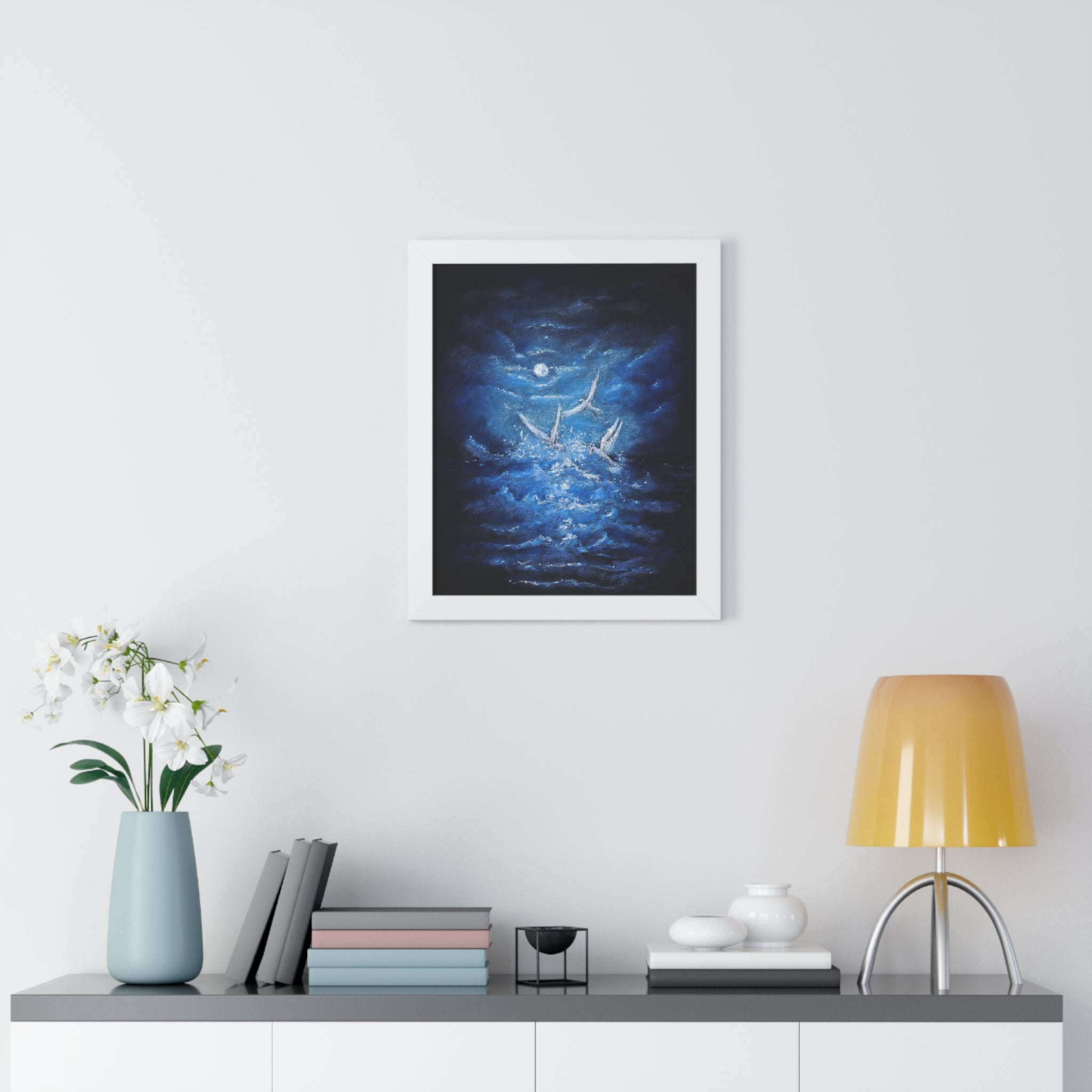Framed Poster — Moonlit Sea with Flying Birds (Vertical)