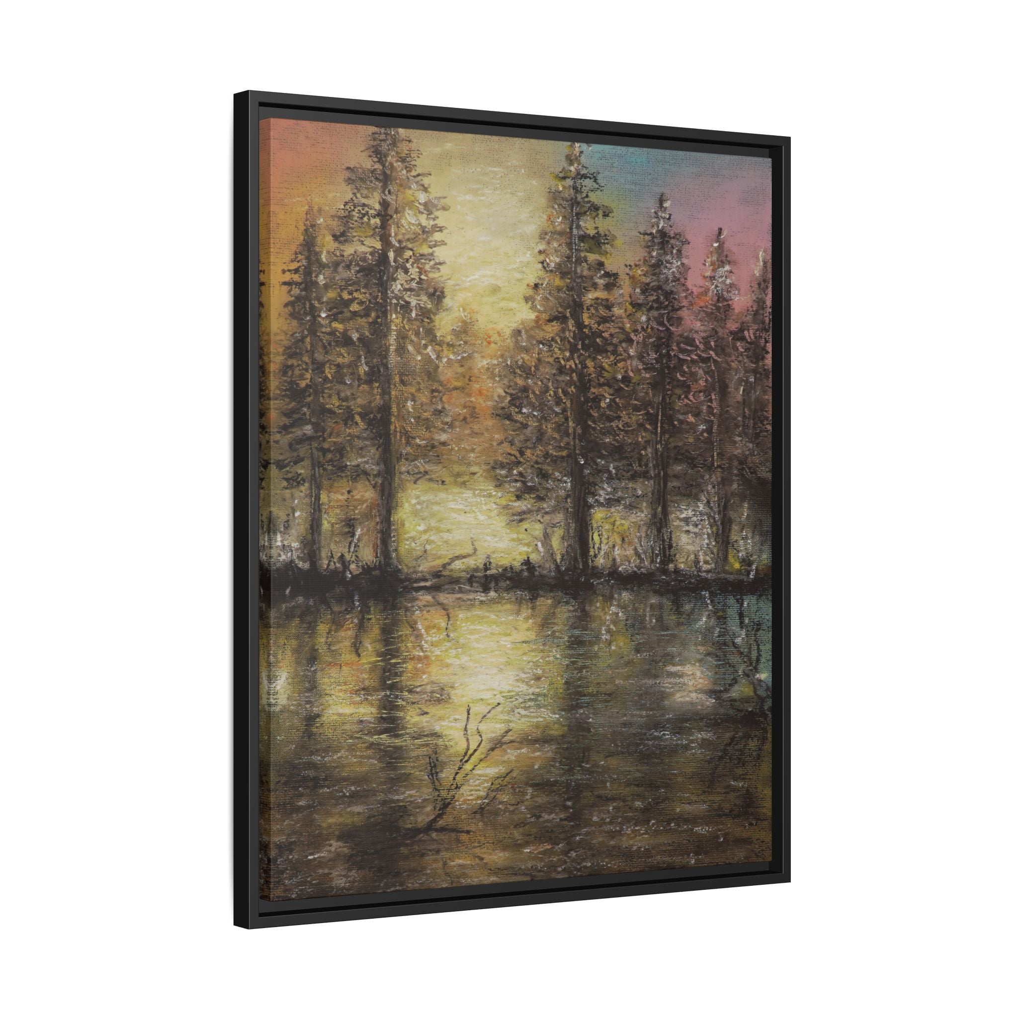 Framed Matte Canvas Wall Art — Sunset Forest Reflection